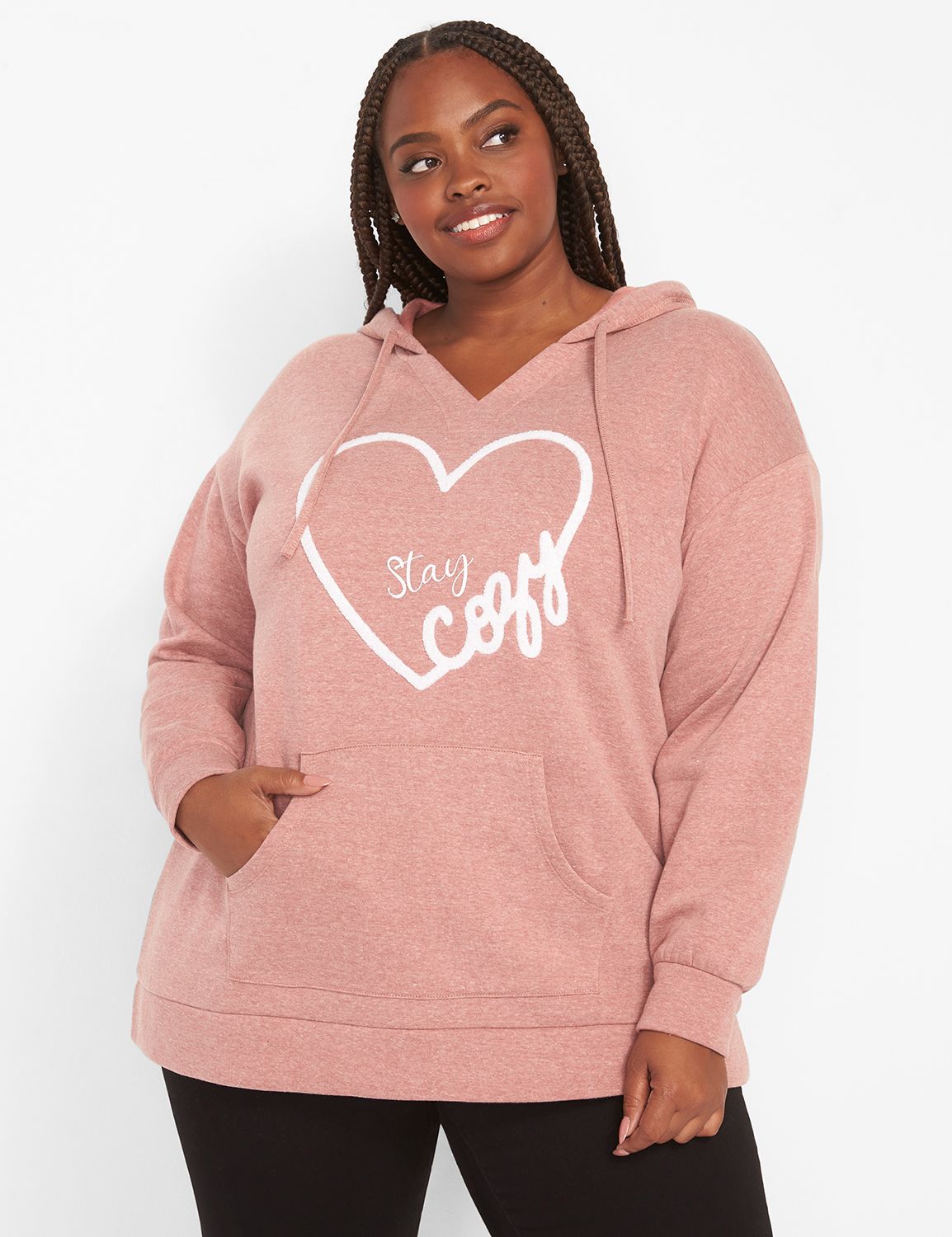 Long Blouson Sleeve Drop Shoulder Deep V Hoodie Graphic Stay Cozy Heart 1123508 As Cad 14 16