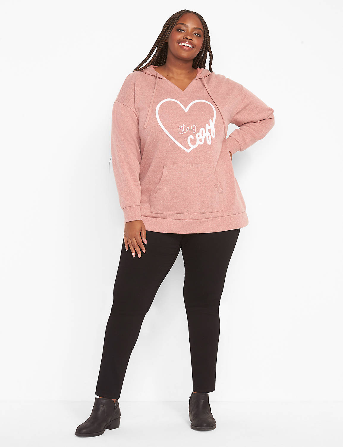 Long Blouson Sleeve Drop Shoulder Deep V Hoodie Graphic: Stay Cozy Heart 1123508:As Cad:10/12 Product Image 3