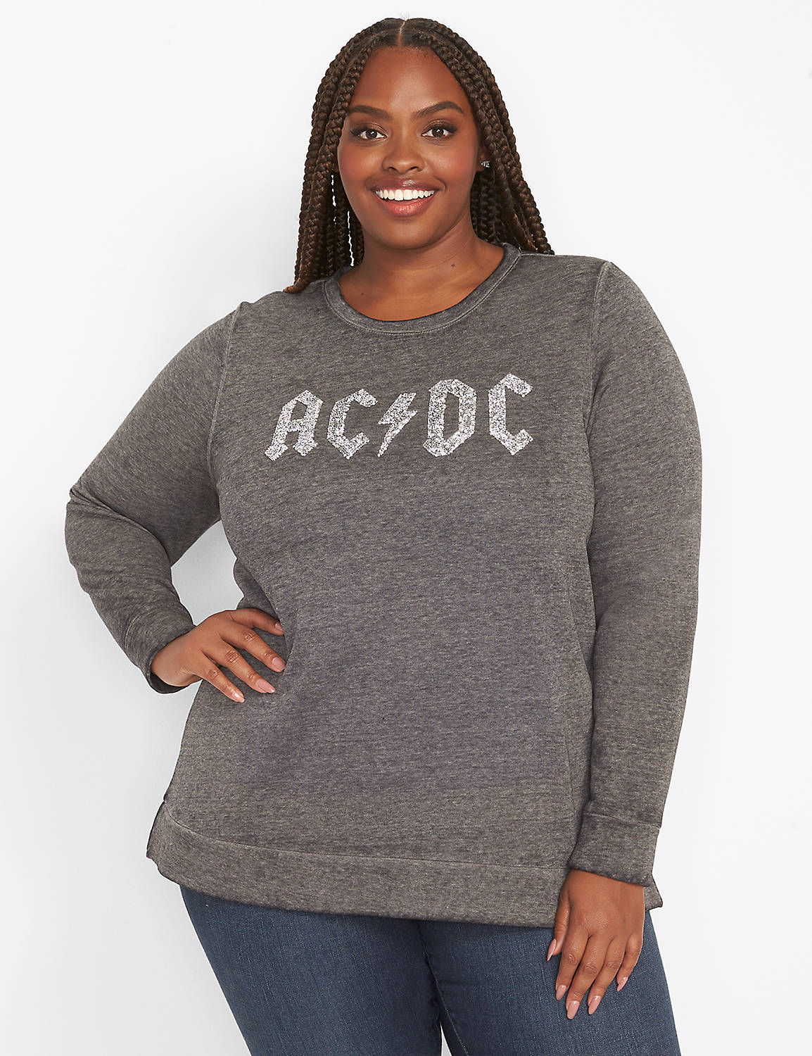 Long Sleeve Crew Neck Sweatshirt with Side Slit Graphic: Embellished ACDC 1124744:Ascena Black:10/12 Product Image 1