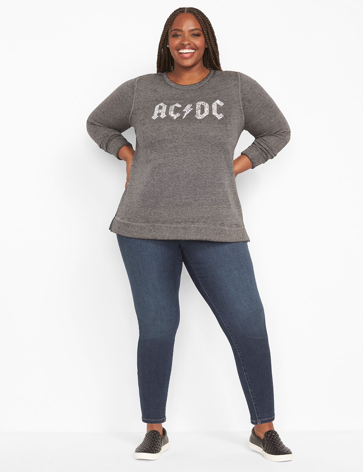 Long Sleeve Crew Neck Sweatshirt with Side Slit Graphic: Embellished ACDC 1124744:Ascena Black:10/12 Product Image 3