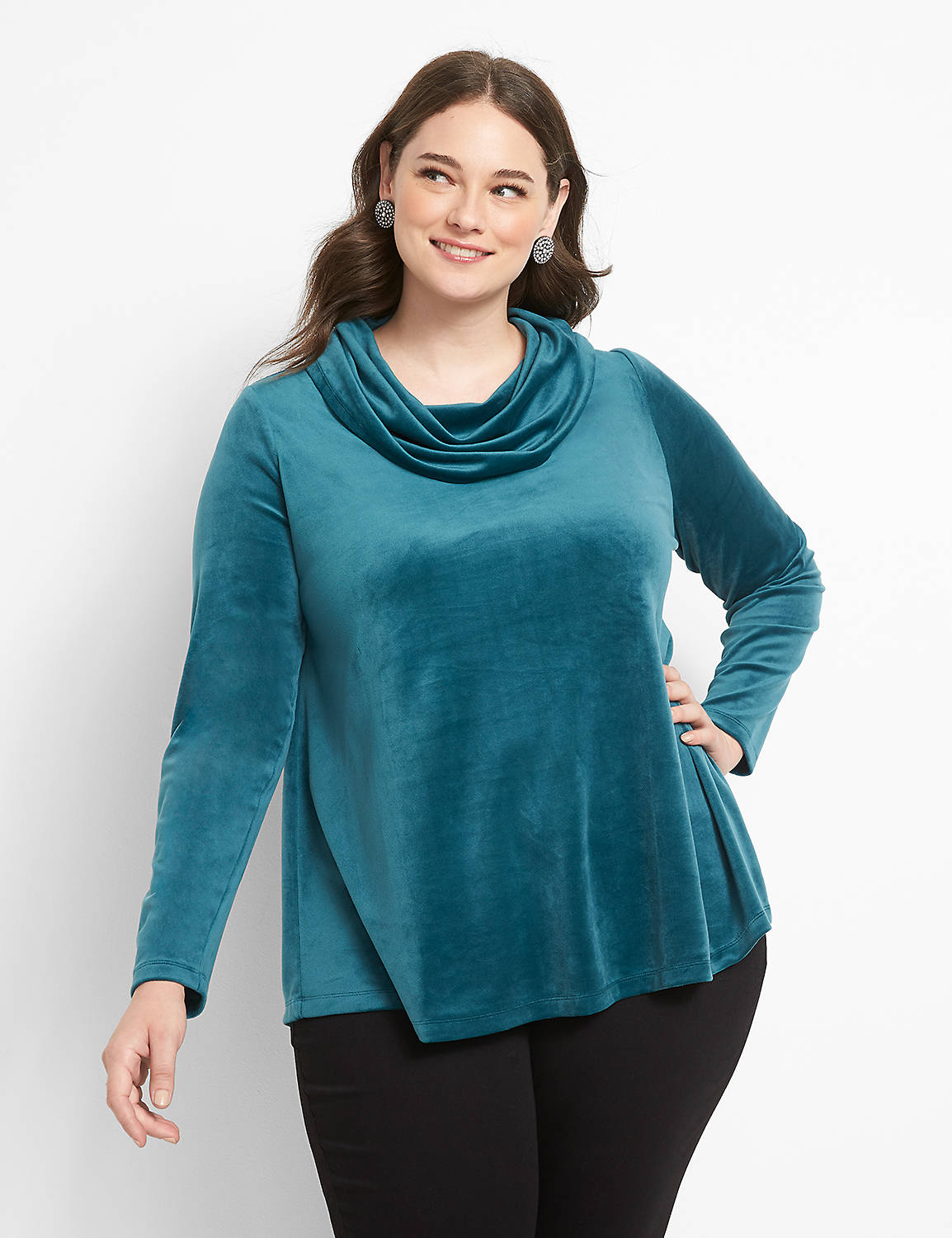 Long Sleeve Cowl Neck Moderate Swing Knit Top In Velour 1124634:PANTONE Deep Teal:10/12 Product Image 1