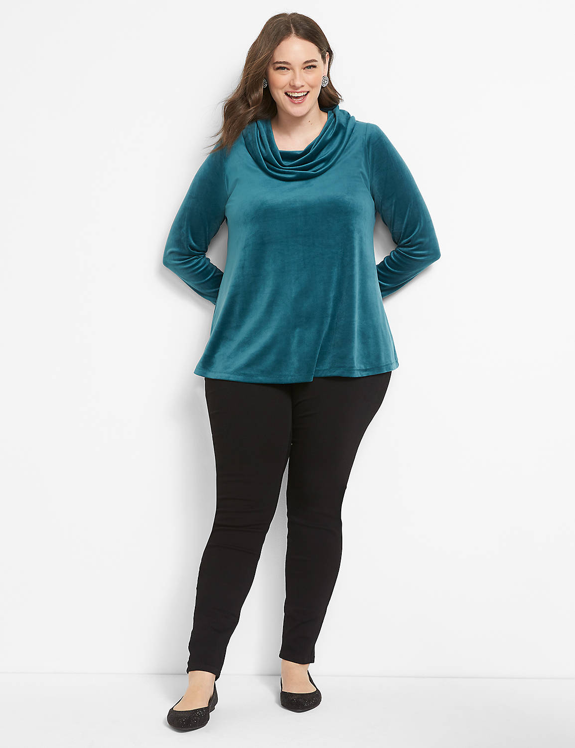 Long Sleeve Cowl Neck Moderate Swing Knit Top In Velour 1124634:PANTONE Deep Teal:10/12 Product Image 3