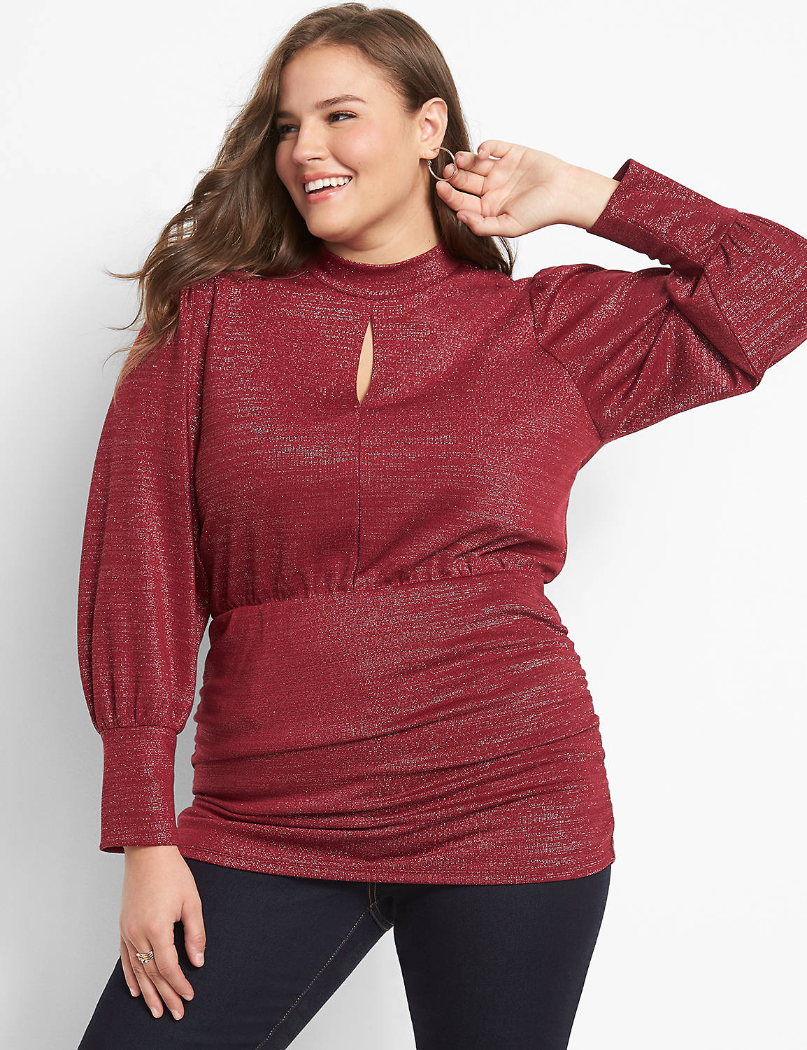 Mock-Neck Keyhole Top With Ruched Sides Product Image 1