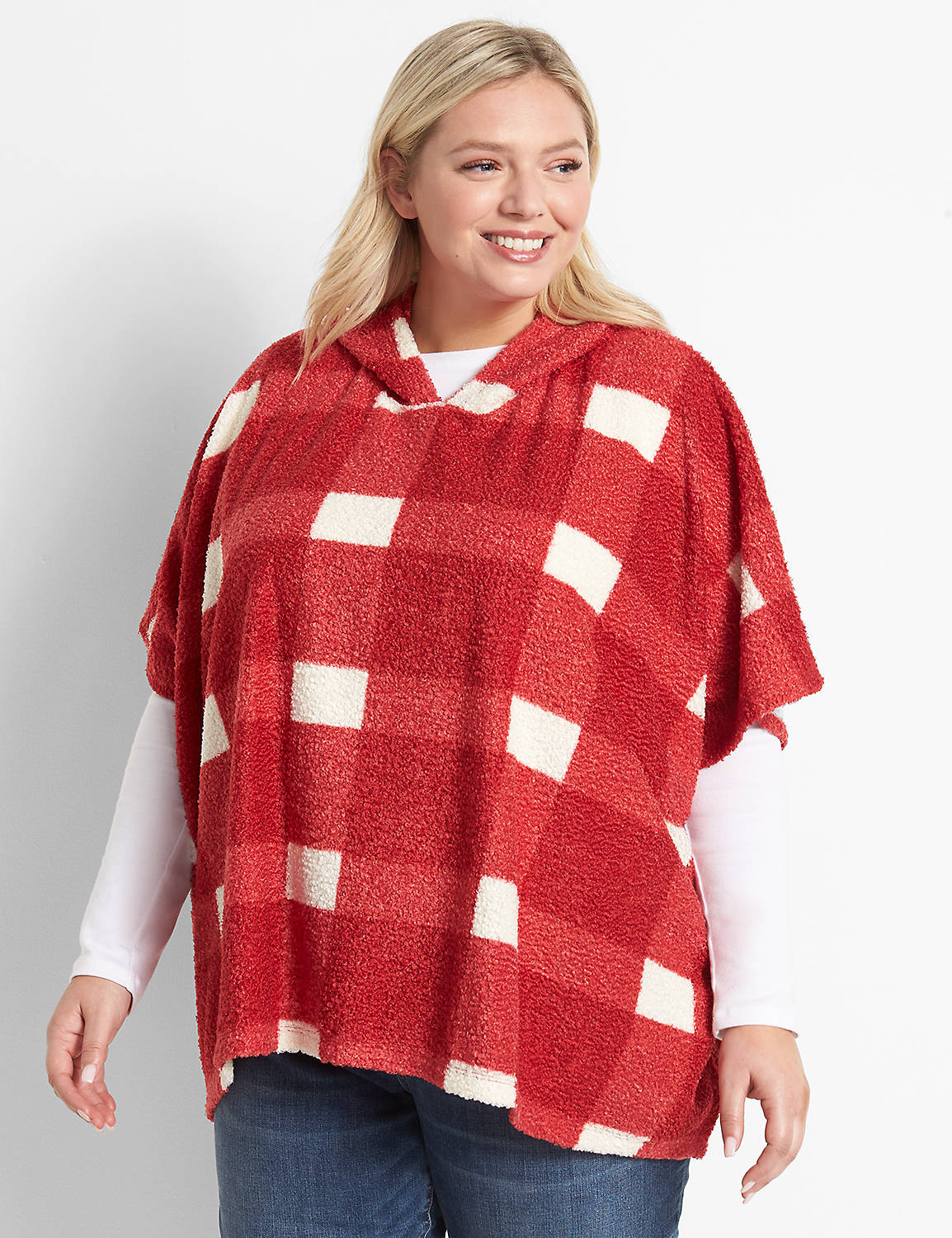 Hooded Plaid Sherpa Poncho 1124630:PANTONE Haute Red:14/16 Product Image 1