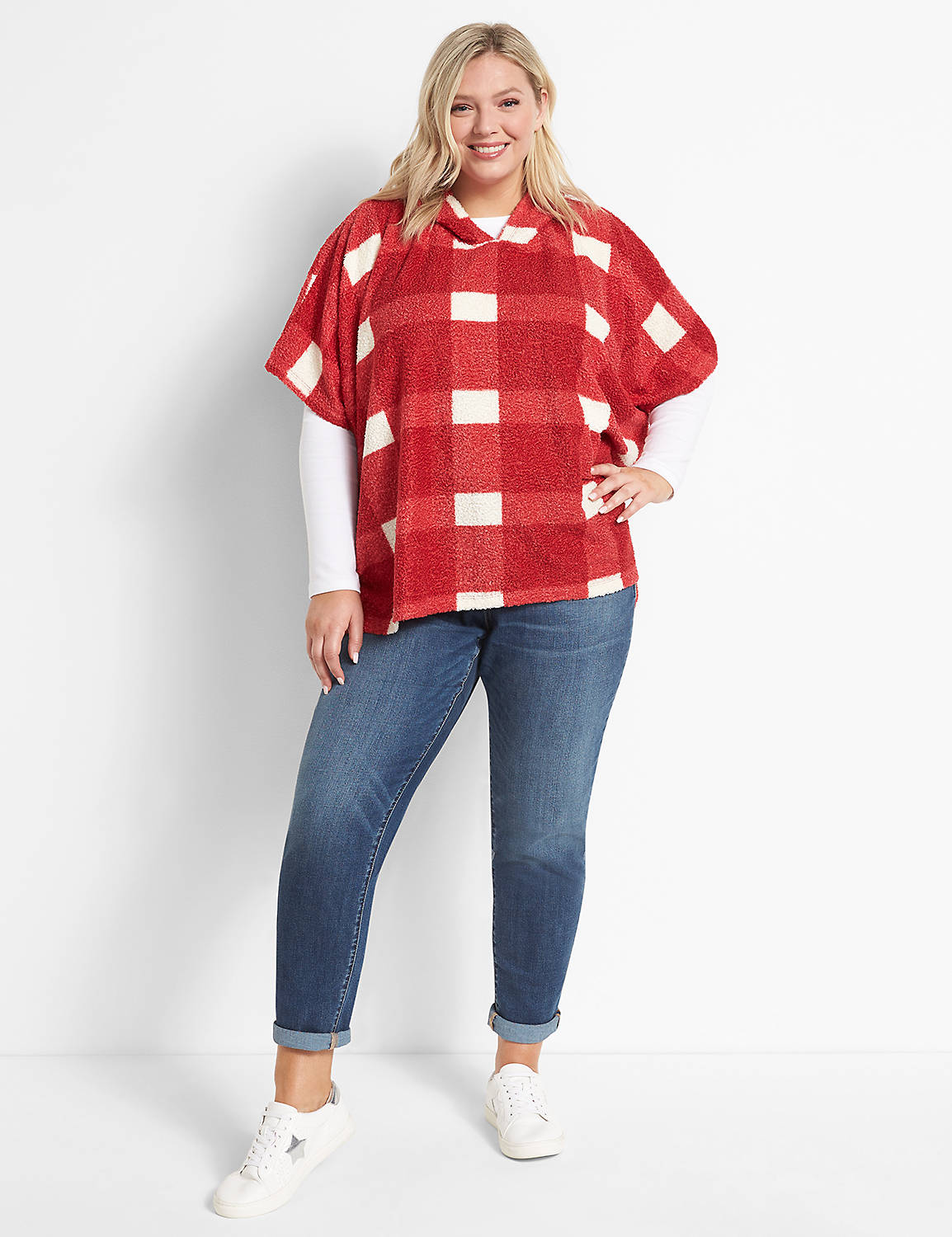 Hooded Plaid Sherpa Poncho 1124630:PANTONE Haute Red:14/16 Product Image 3