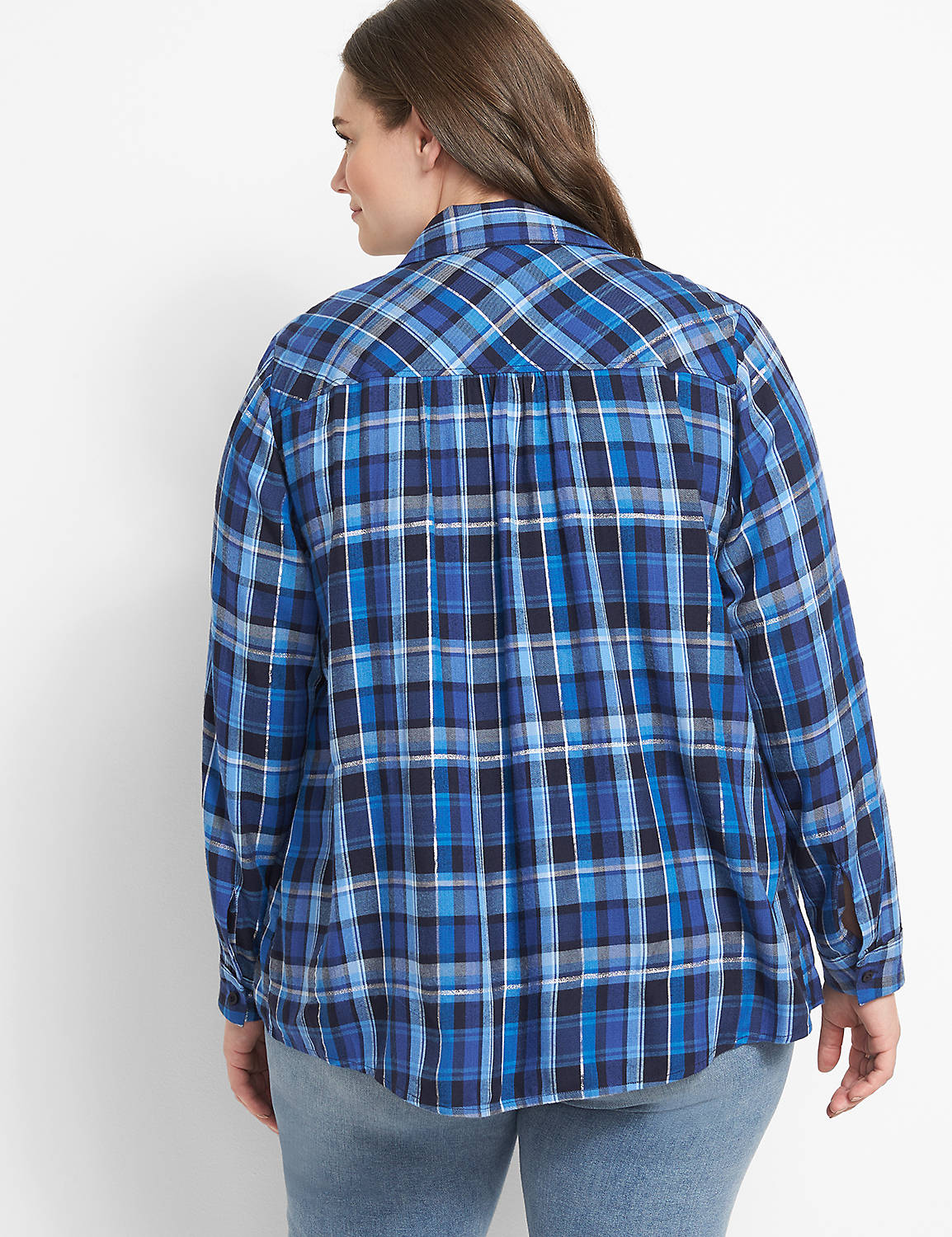 No-Peek Button-Front Metallic Plaid Boyfriend Shirt Product Image 2