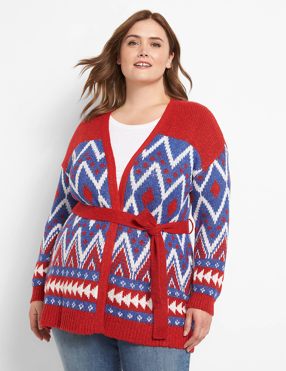 Long Sleeve Open Front Belted Jacquard Cardigan 1123974:PANTONE Haute Red:10/12 Product Image 1