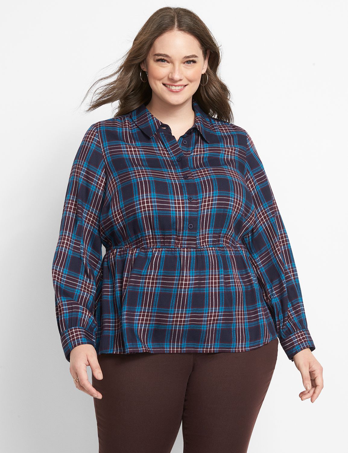 No-Peek Button-Front Plaid Peplum Top Product Image 1