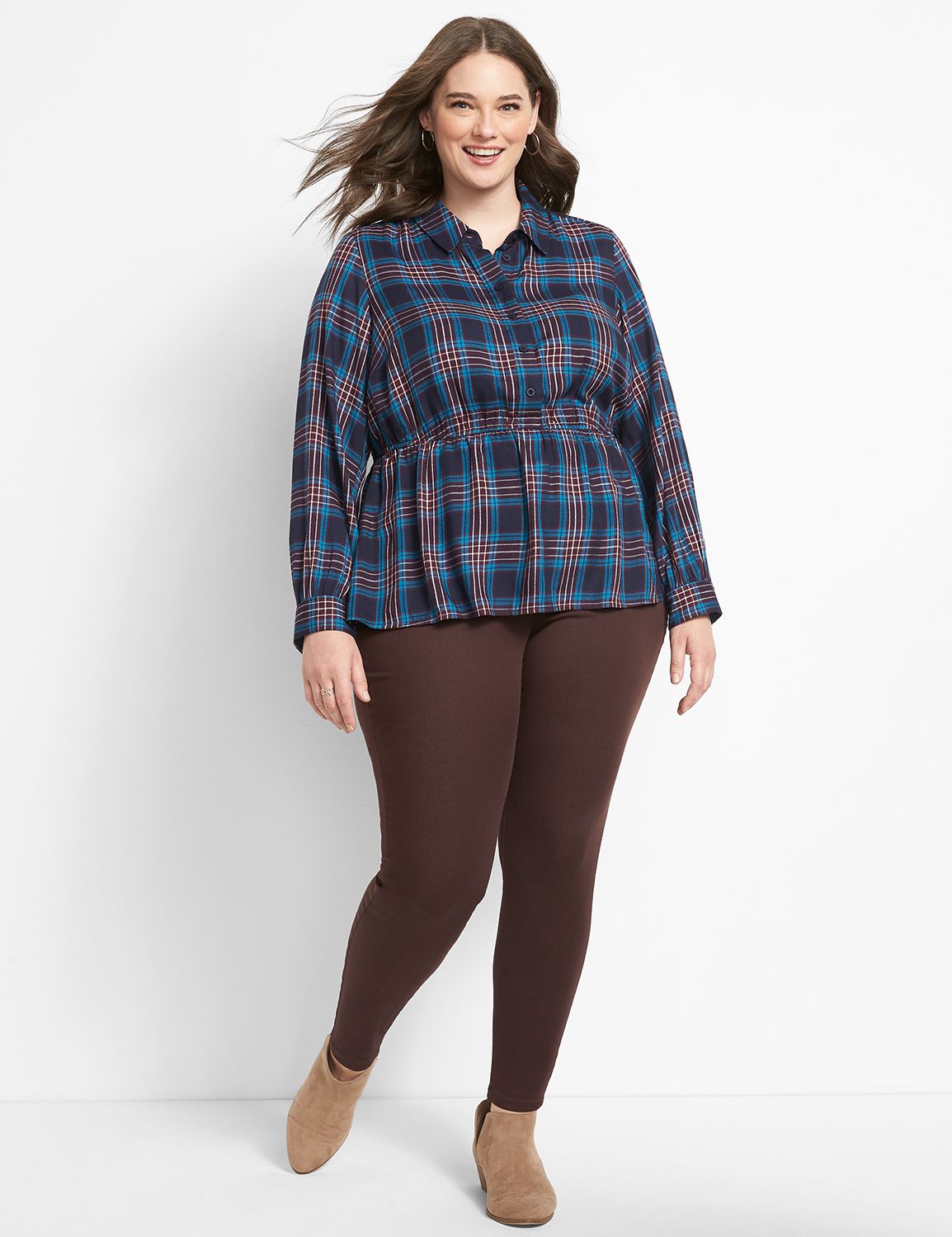 No Peek Button Front Plaid Peplum Top