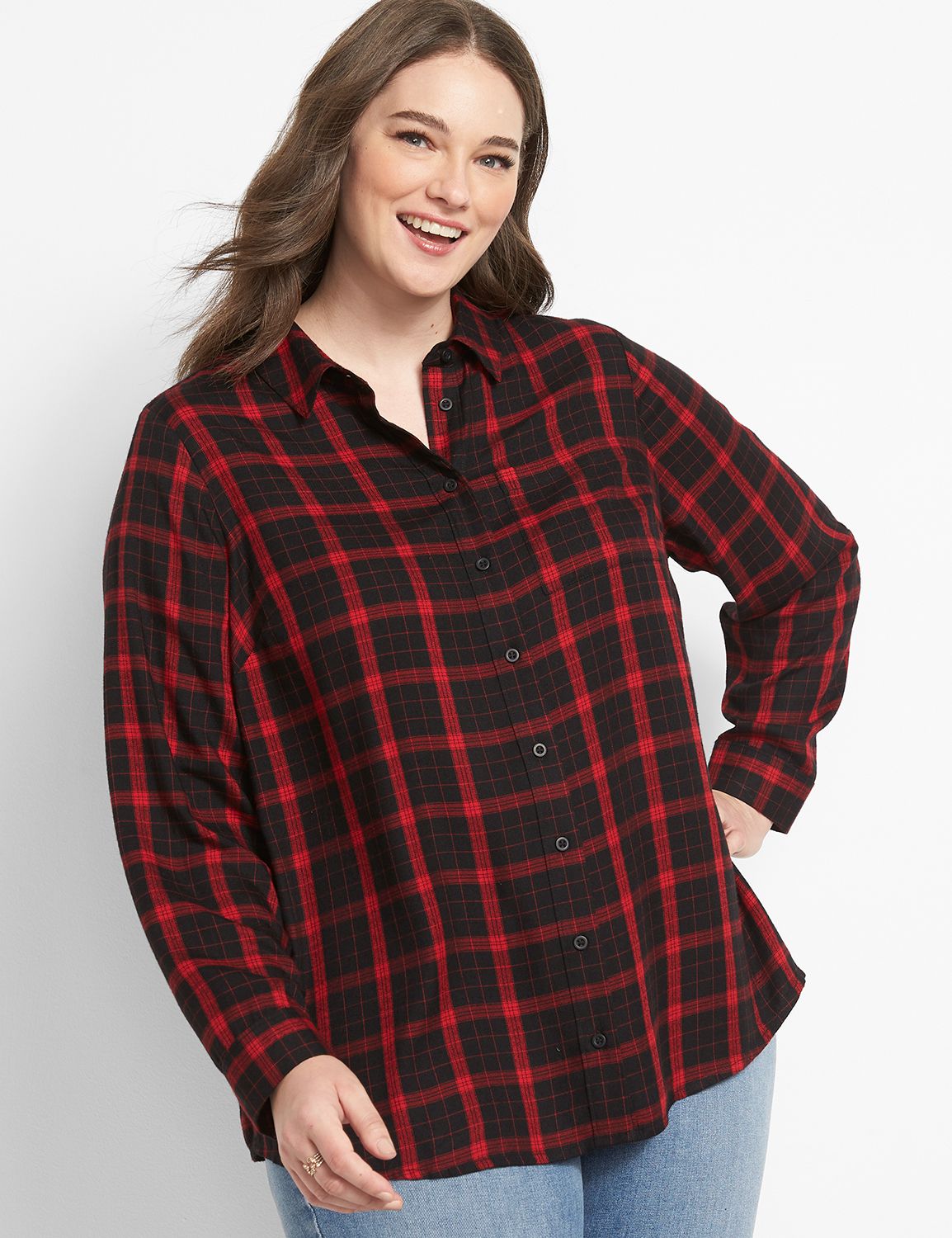 No-Peek Button-Front Plaid Boyfriend Shirt