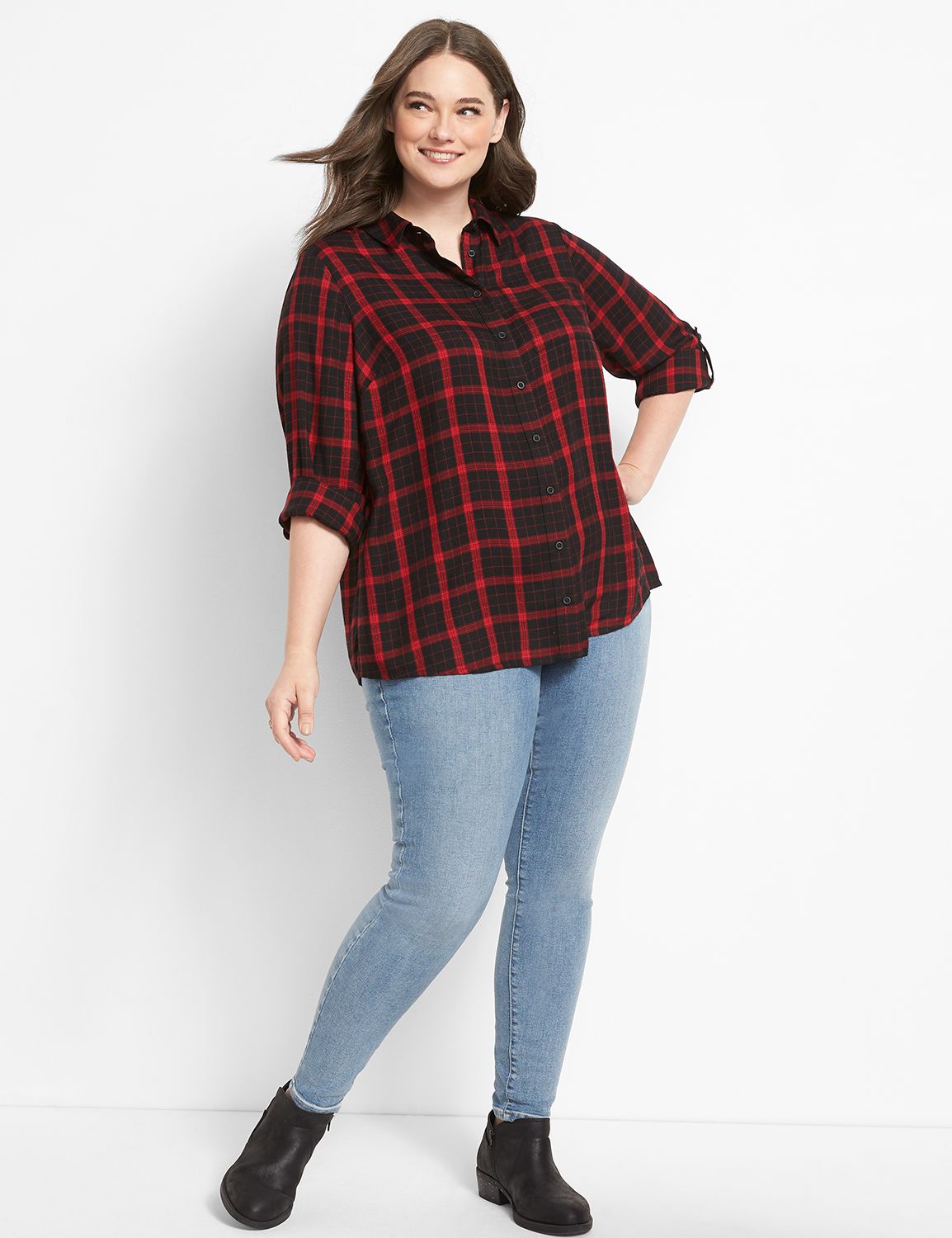 No-Peek Button-Front Plaid Boyfriend Shirt Product Image 3