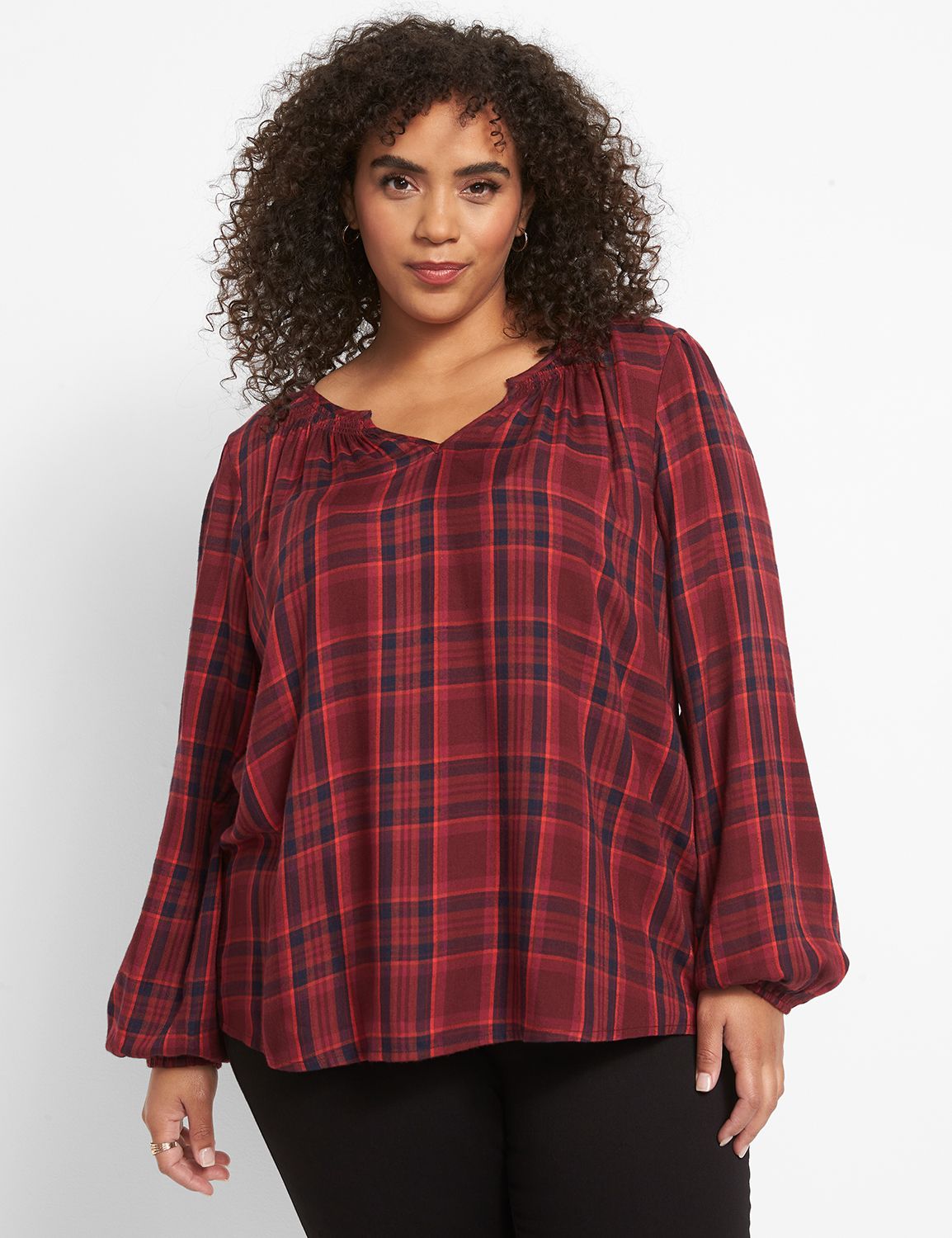 Split Neck Plaid Peasant Popover