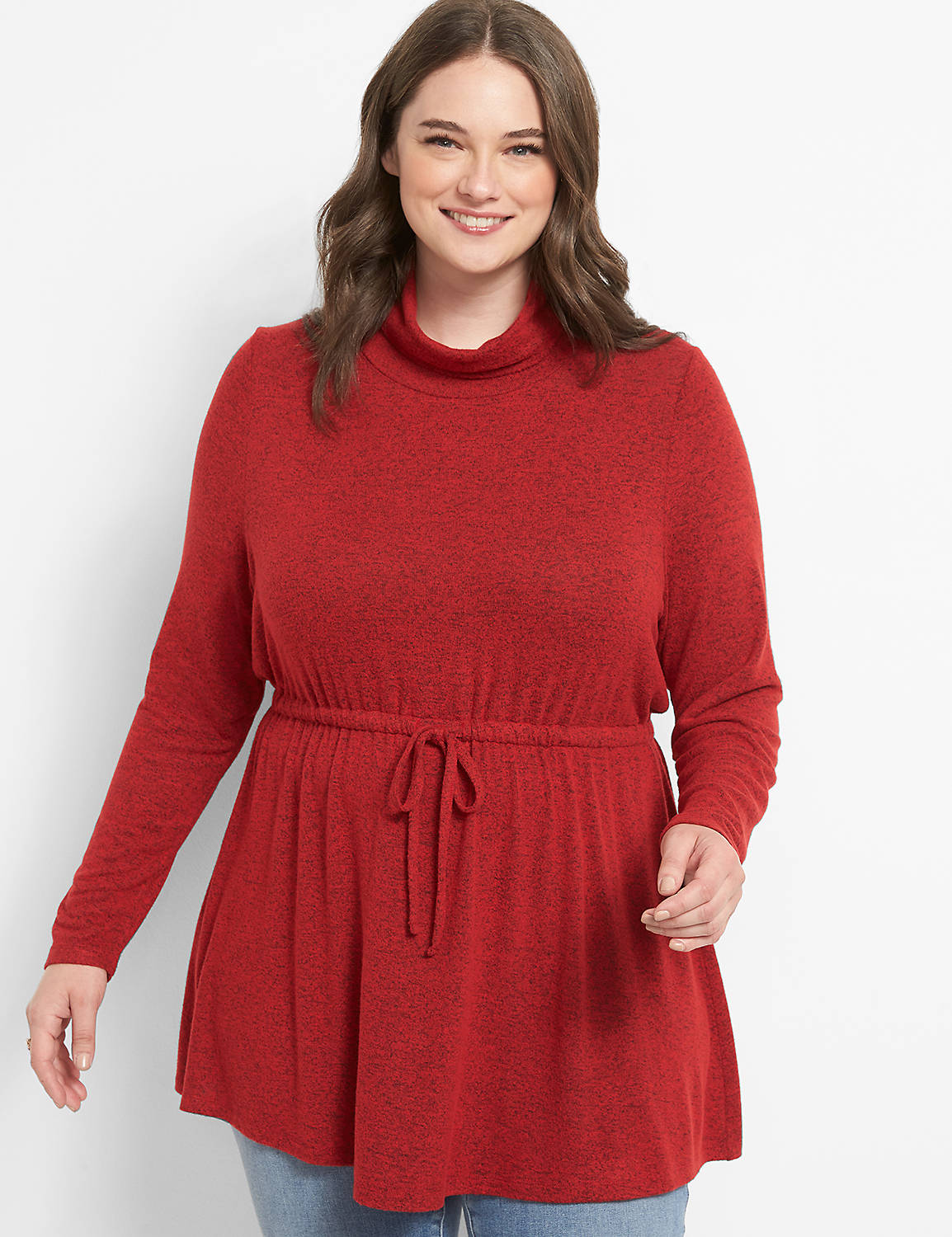 Long Sleeve Funnel Neck Drawcord Tunic In Solid Hacci 1123736:PANTONE Haute Red:10/12 Product Image 1