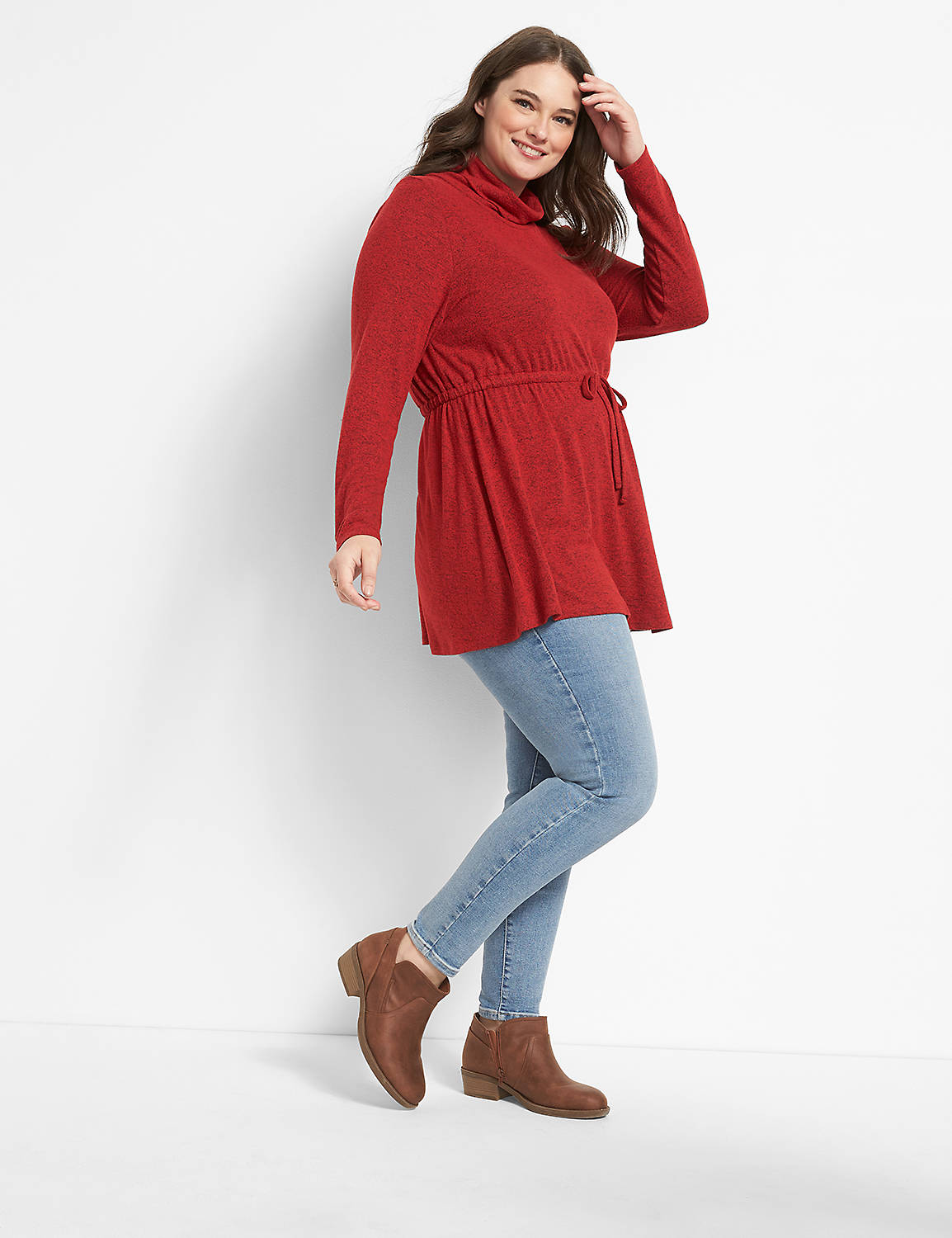 Long Sleeve Funnel Neck Drawcord Tunic In Solid Hacci 1123736:PANTONE Haute Red:10/12 Product Image 3