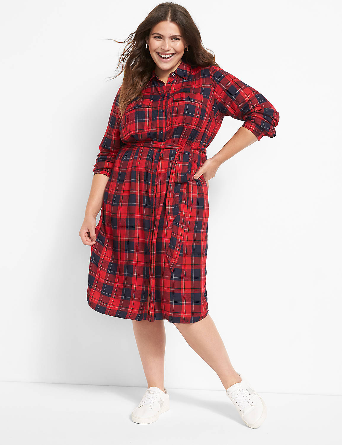 Long Sleeve Button Down Belted Shirt Dress 1124664:LBH21071_IcelandPlaid_CW14:20 Product Image 1