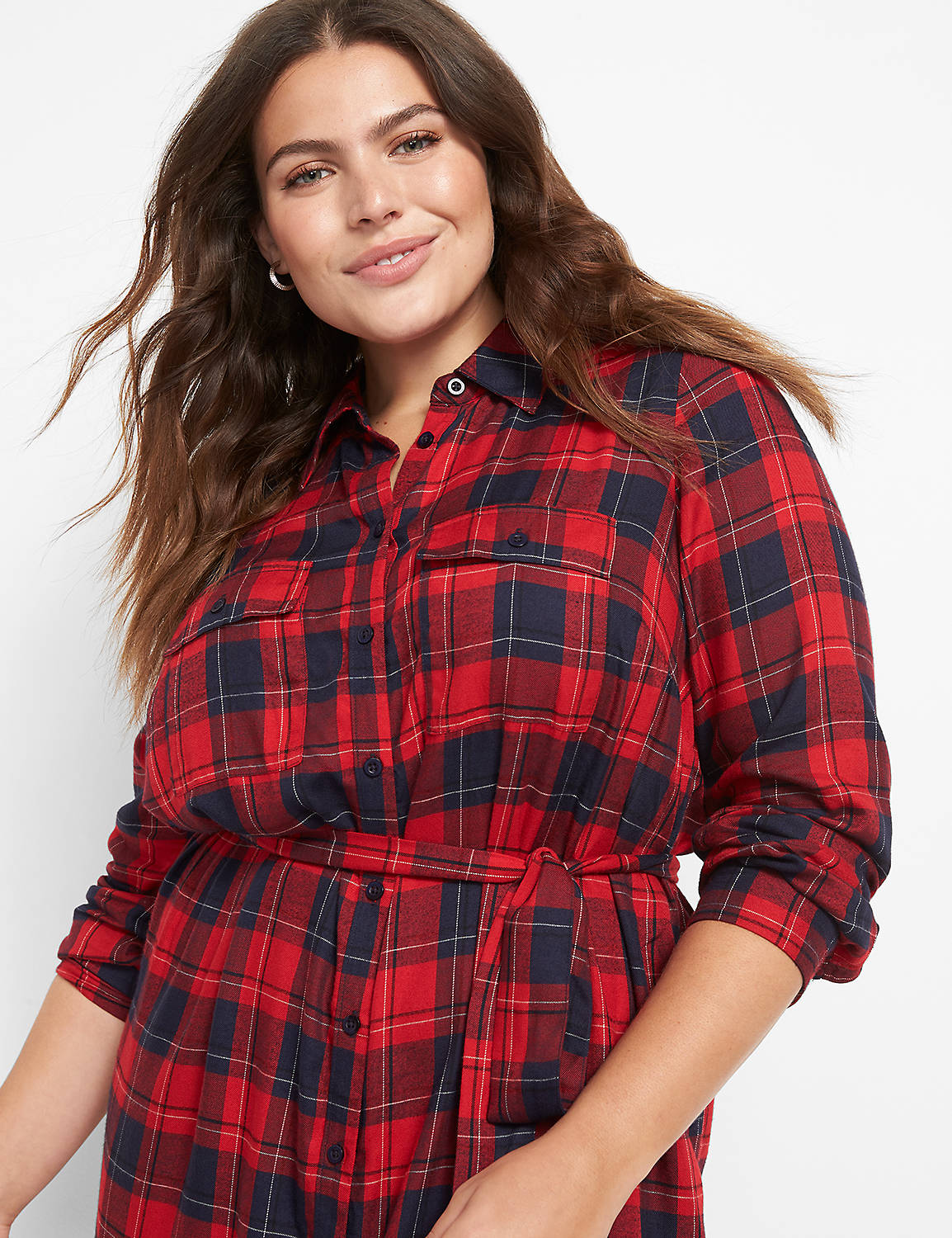 Long Sleeve Button Down Belted Shirt Dress 1124664:LBH21071_IcelandPlaid_CW14:20 Product Image 3