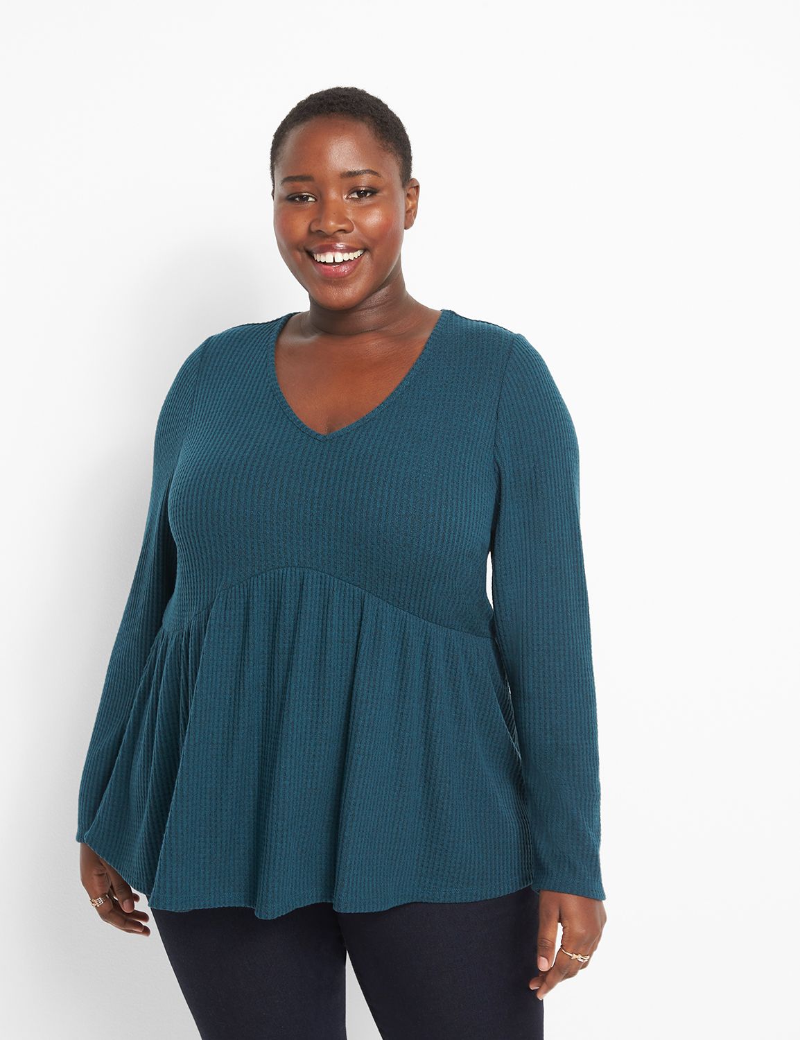 Long Sleeve V Neck Baby Doll Waffle Top 1123586:PANTONE Deep Teal:26/28 Product Image 1
