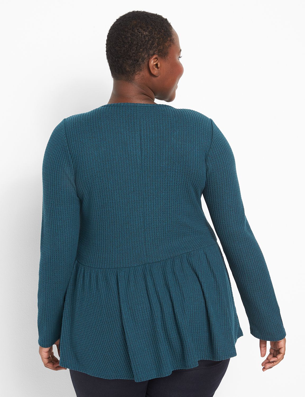 Long Sleeve V Neck Baby Doll Waffle Top 1123586:PANTONE Deep Teal:26/28 Product Image 2