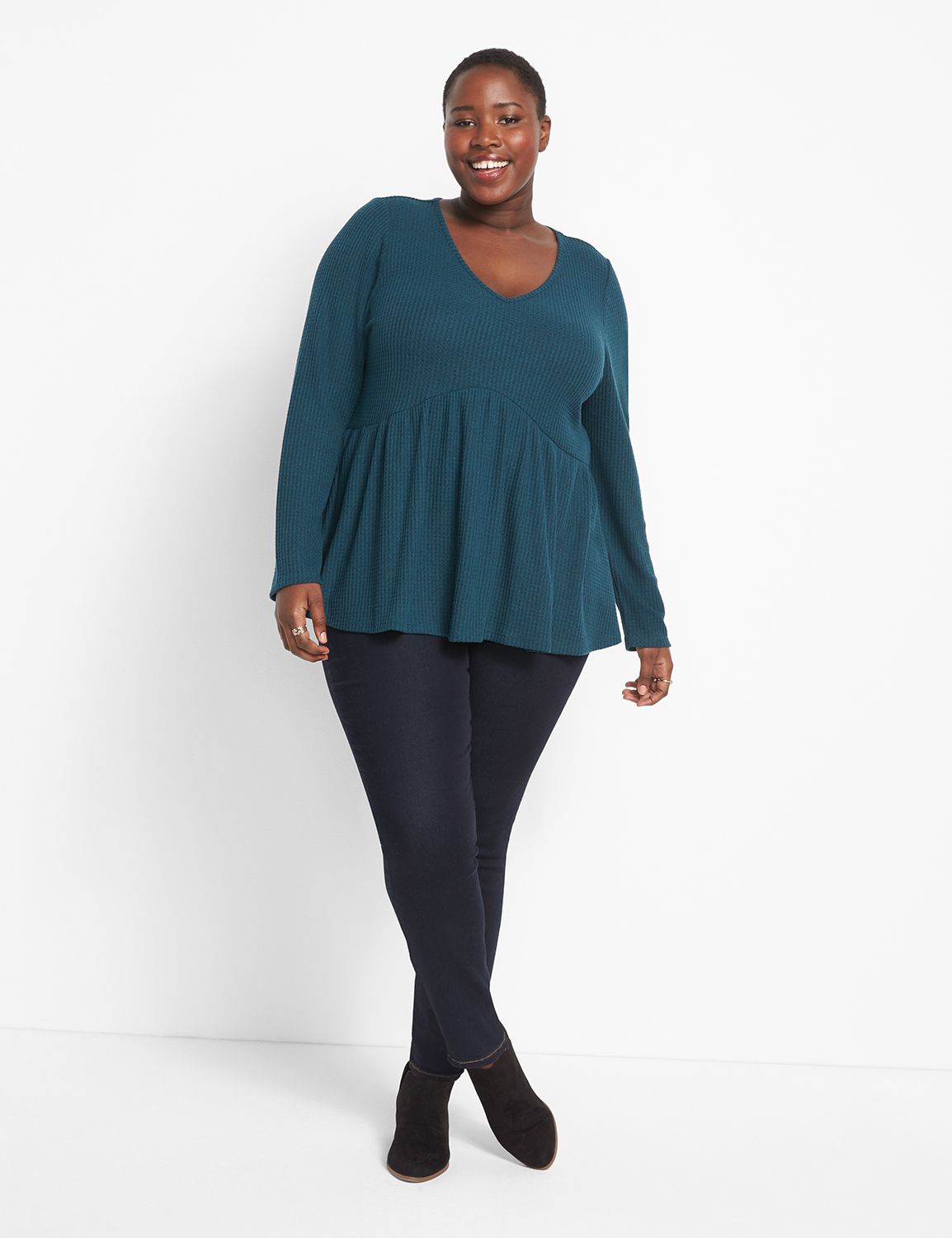 Long Sleeve V Neck Baby Doll Waffle Top 1123586:PANTONE Deep Teal:26/28 Product Image 3