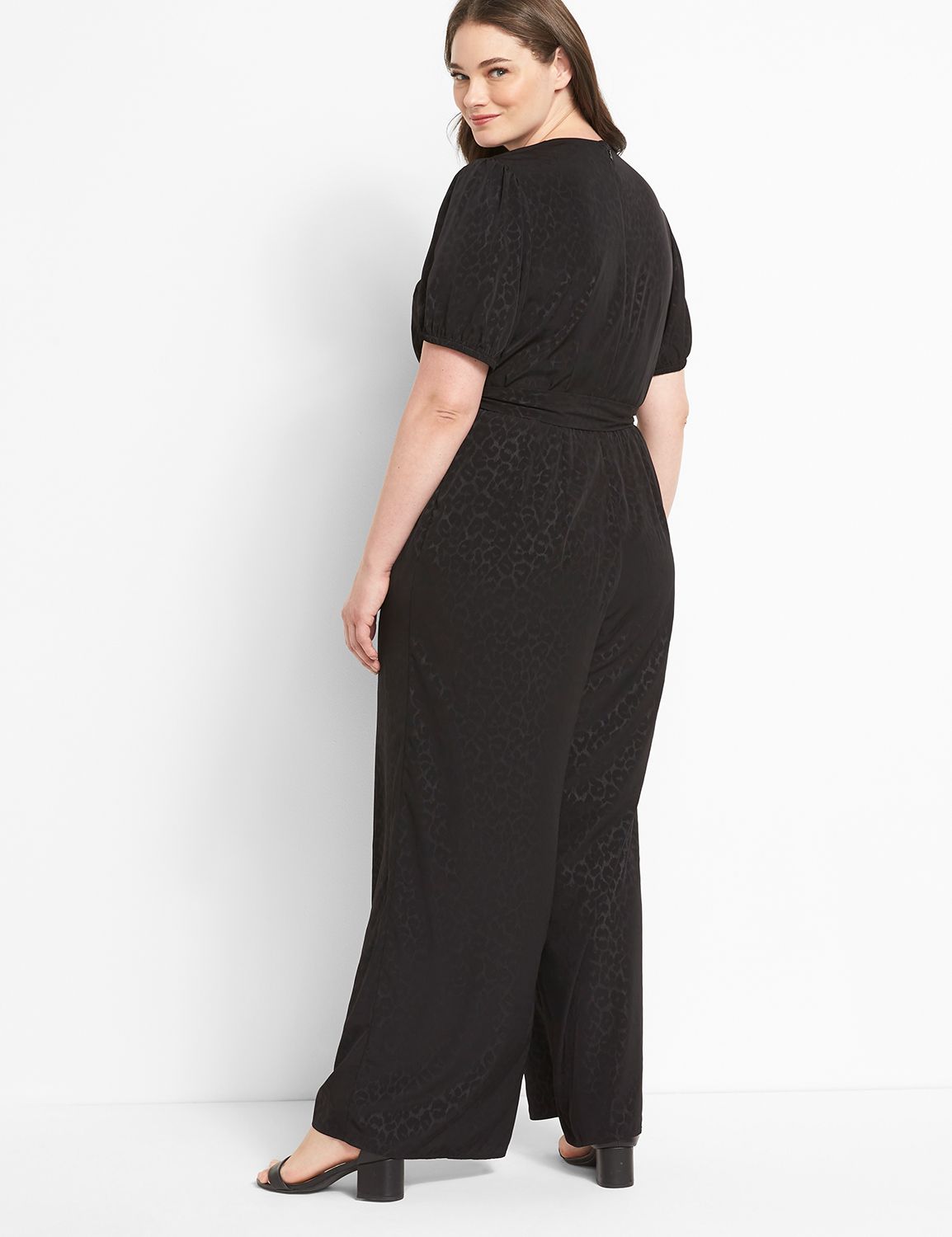 Elbow Sleeve Wrap Front Belted Jacquard Jumpsuit 1122495:Ascena Black:12 Product Image 2
