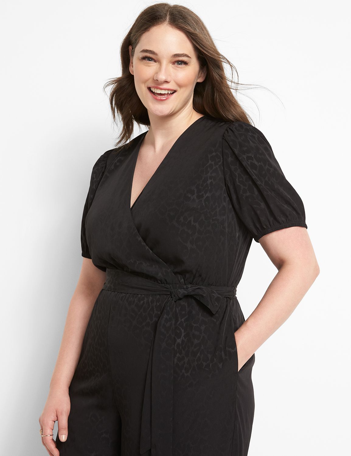Elbow Sleeve Wrap Front Belted Jacquard Jumpsuit 1122495:Ascena Black:12 Product Image 3