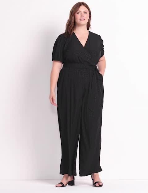 Elbow Sleeve Wrap Front Belted Jacquard Jumpsuit 1122495:Ascena Black:12 image number 0