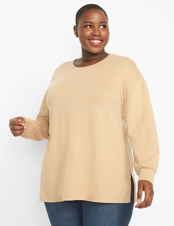 Open Crew-Neck French Terry Tunic Top