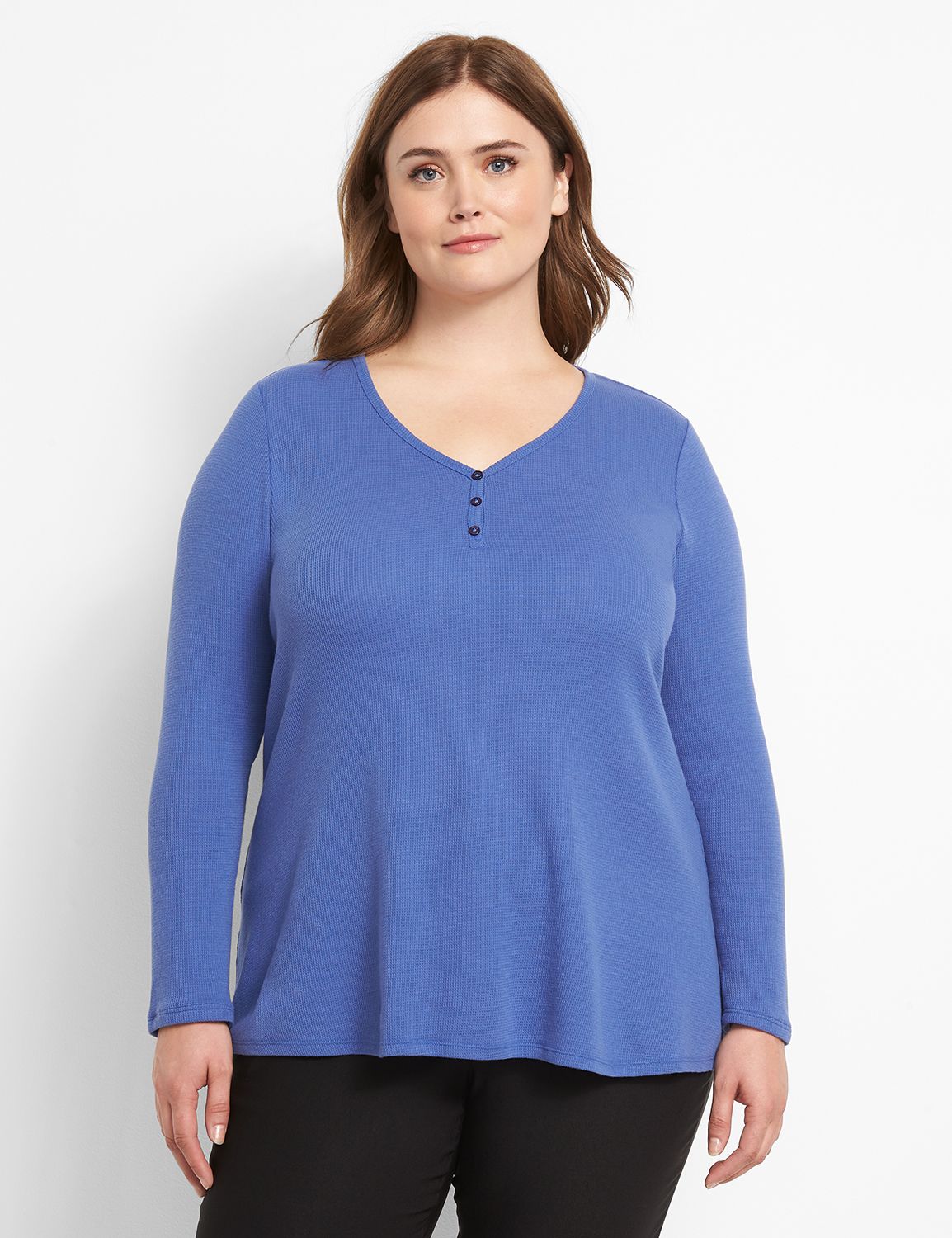 Long Sleeve V Neck Henley Curved Hem Tee 1123715:PANTONE Deep Ultramarine:26/28 Product Image 1