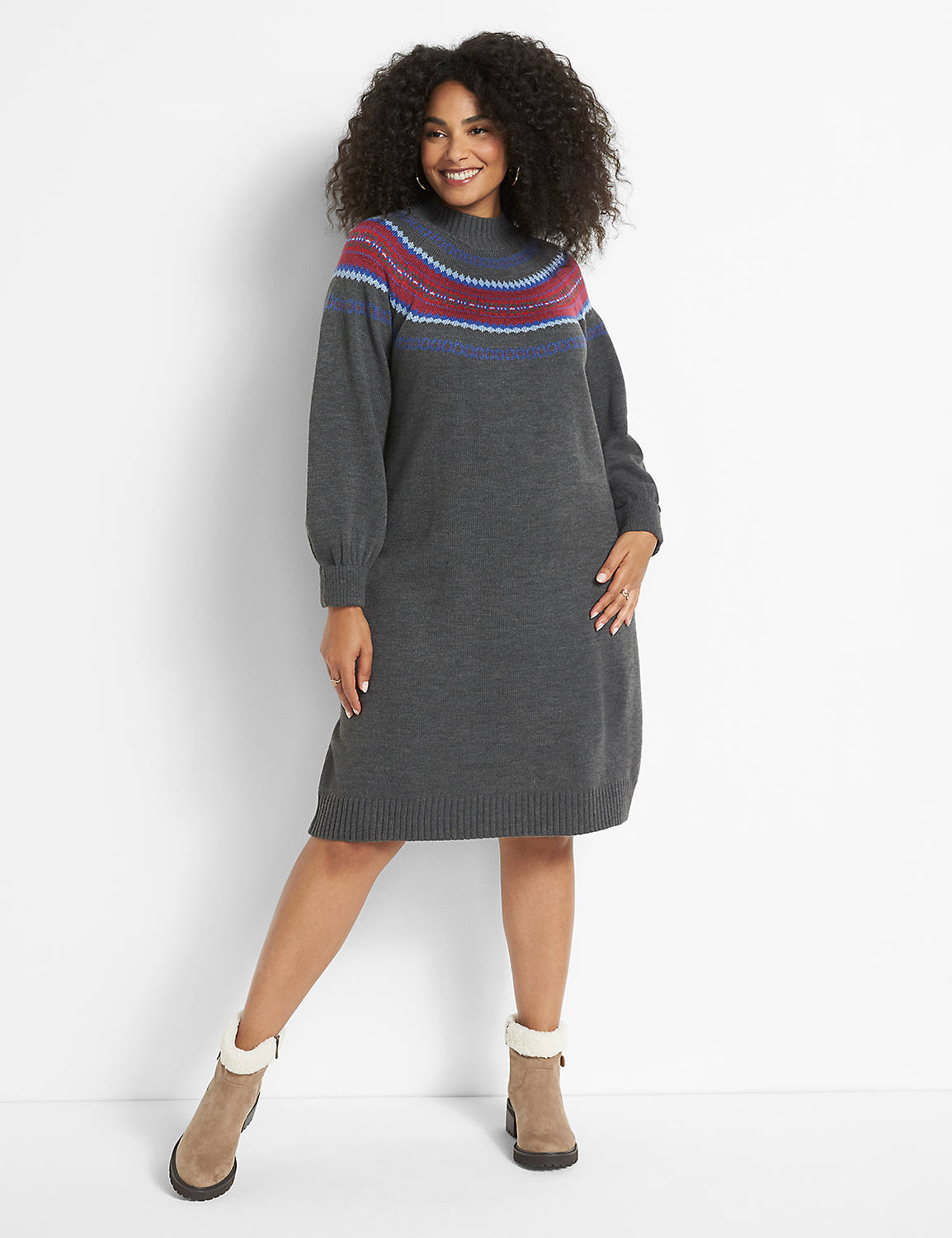 Long Sleeve Turtleneck Fairisle Sweater Dress 1124678:B65 Dark Heather Grey:18/20 Product Image 1
