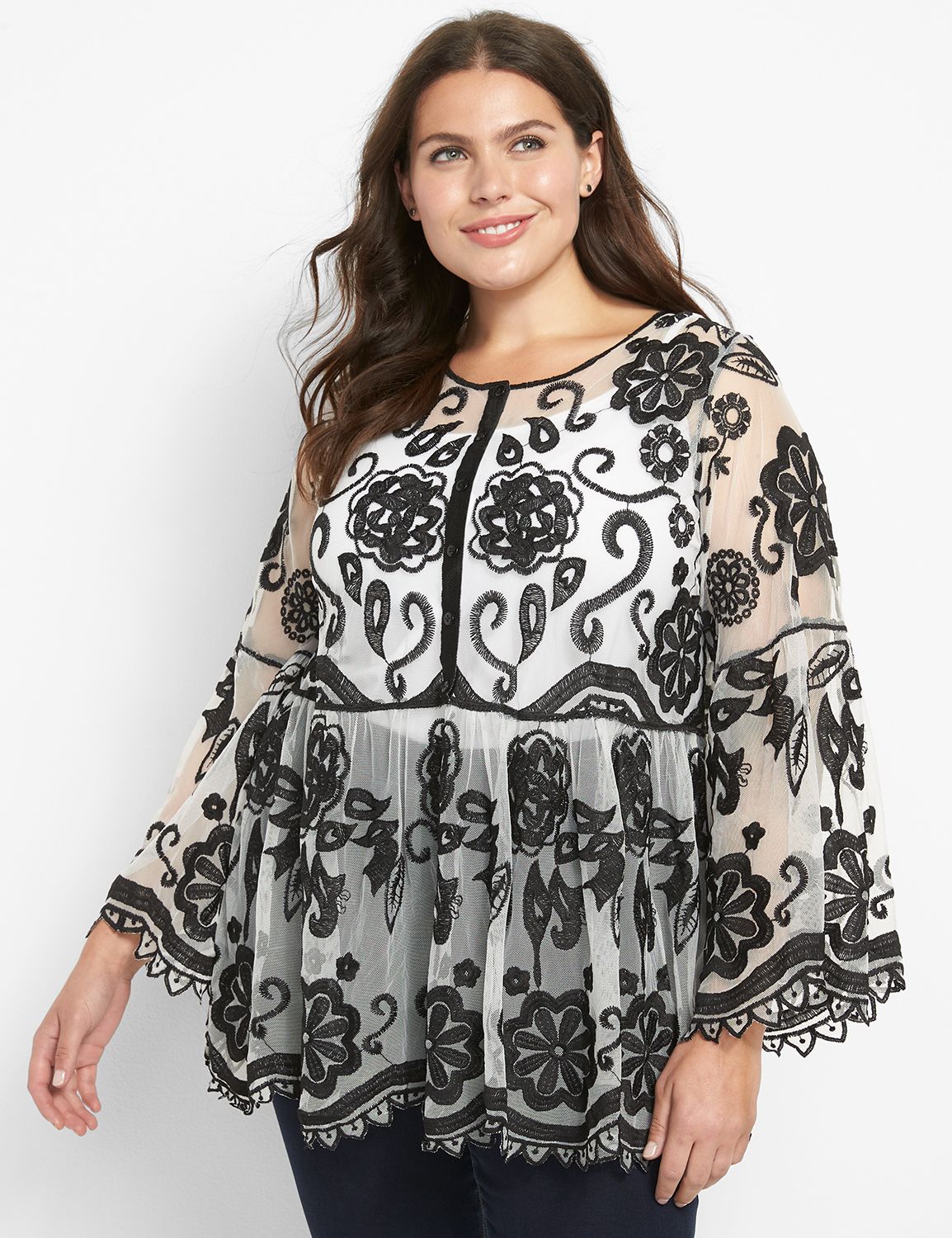 Long Sleeve Crew Neck Peasant Baby Doll Embroidered Mesh 2 Tone 1124645:Ascena White:10/12 Product Image 1