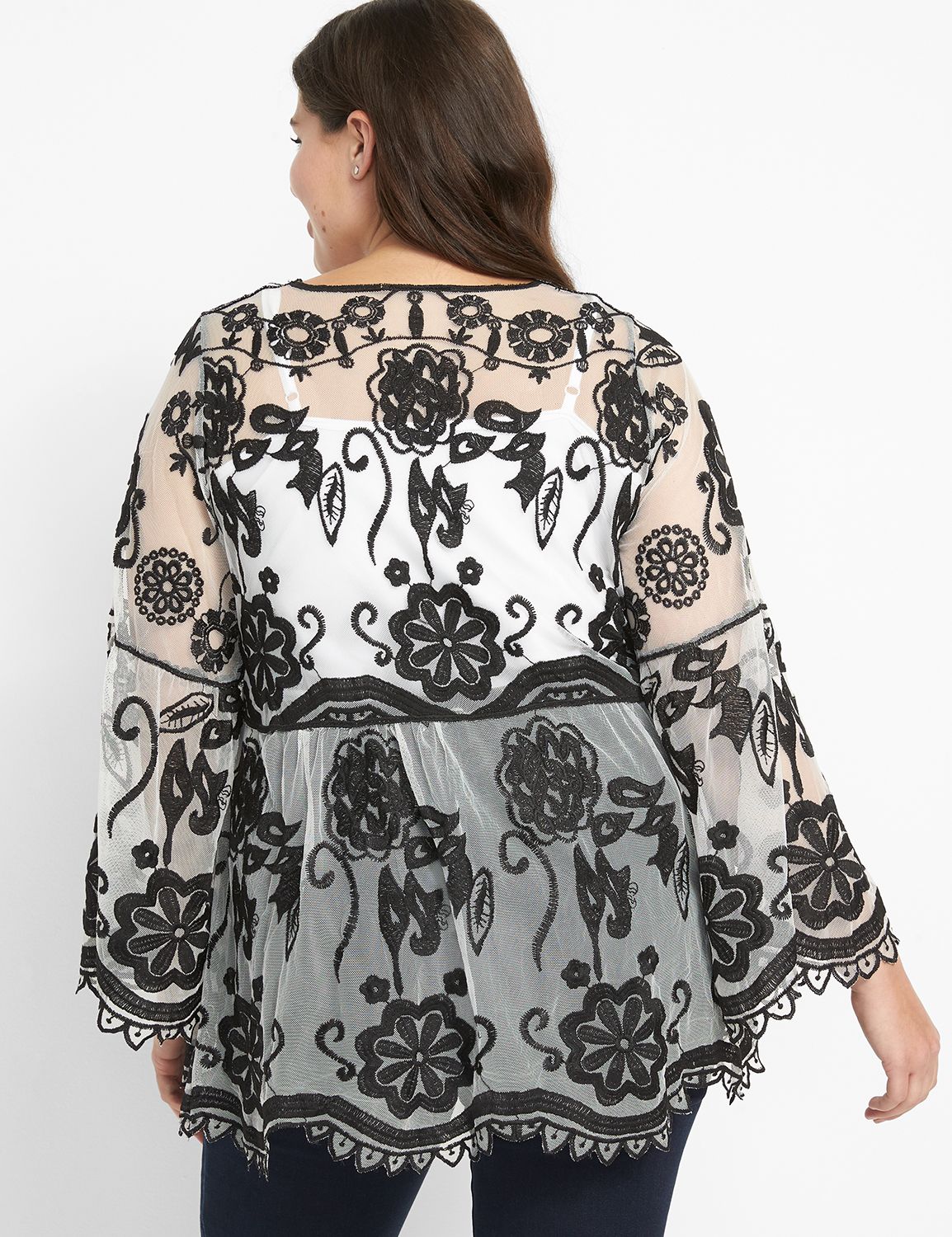 Long Sleeve Crew Neck Peasant Baby Doll Embroidered Mesh 2 Tone 1124645:Ascena White:10/12 Product Image 2
