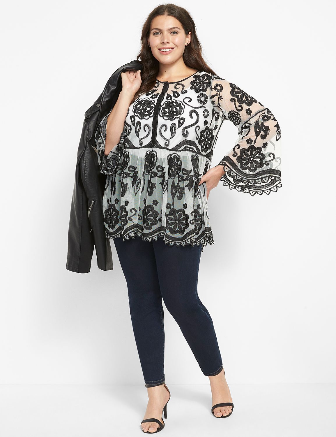 Long Sleeve Crew Neck Peasant Baby Doll Embroidered Mesh 2 Tone 1124645:Ascena White:10/12 Product Image 3