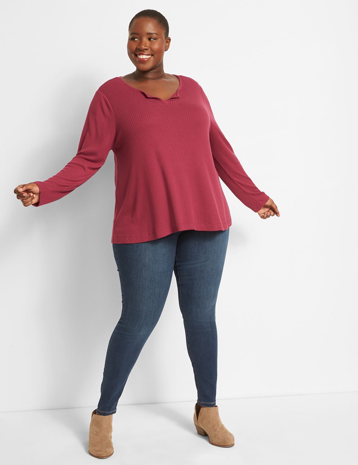 Long Sleeve Notch Neck Swing Tee Solid 1123735 copy of 1123731:PANTONE Beaujolais:10/12 Product Image 3