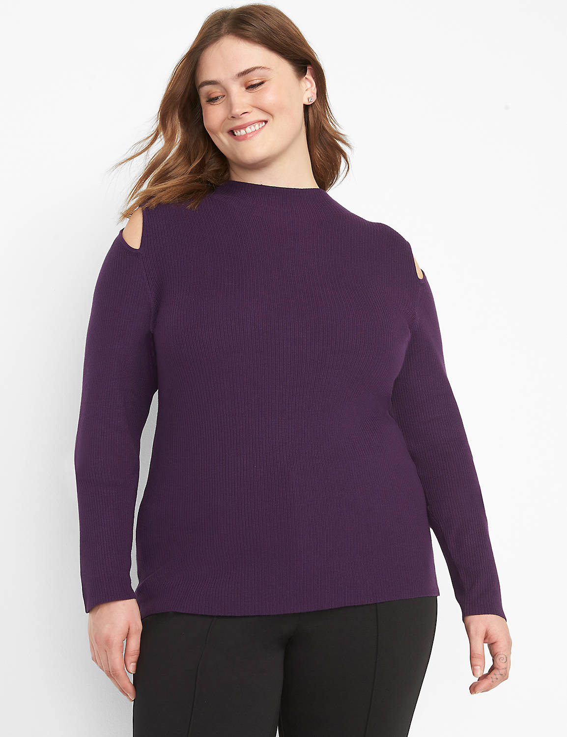 Long Sleeve Mock Neck Cut Out Rib Pullover 1124485:PANTONE Purple Pennant:10/12 Product Image 1