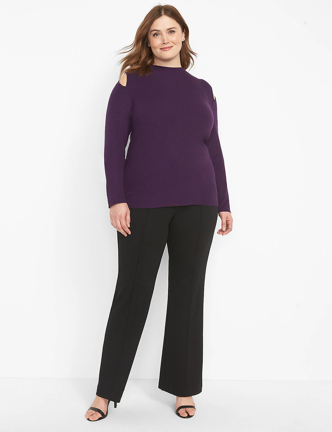 Long Sleeve Mock Neck Cut Out Rib Pullover 1124485:PANTONE Purple Pennant:10/12 Product Image 3