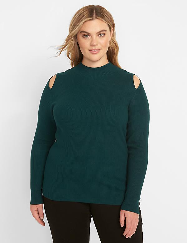 Mock-Neck Ribbed Sweater With Cutouts