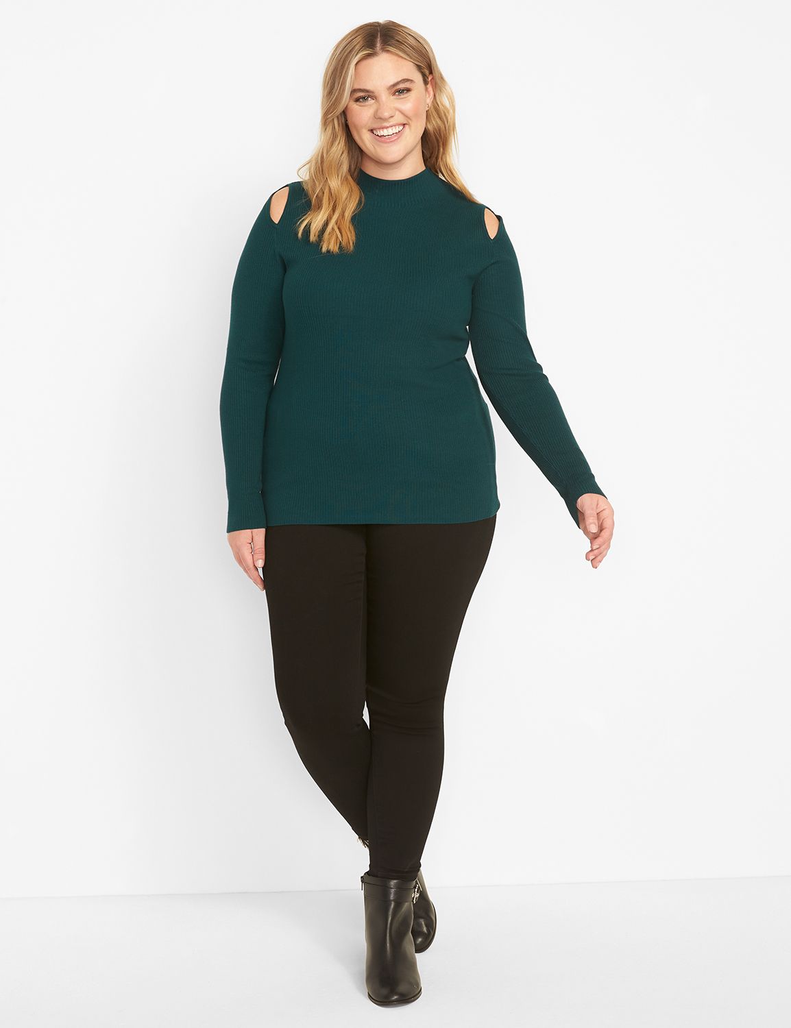 Mock-Neck Ribbed Sweater With Cutouts