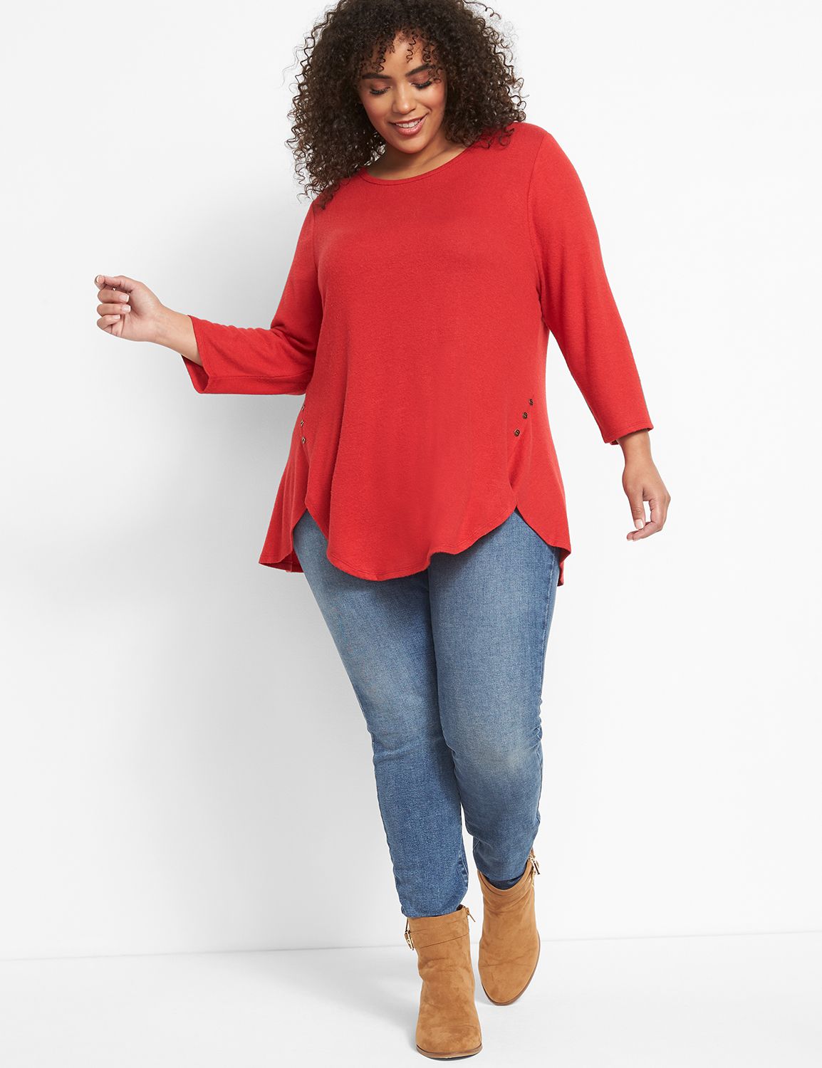 3/4 Sleeve Crew Neck Tulip Hem Solid Tunic 1123562:PANTONE Haute Red:10/12 Product Image 3