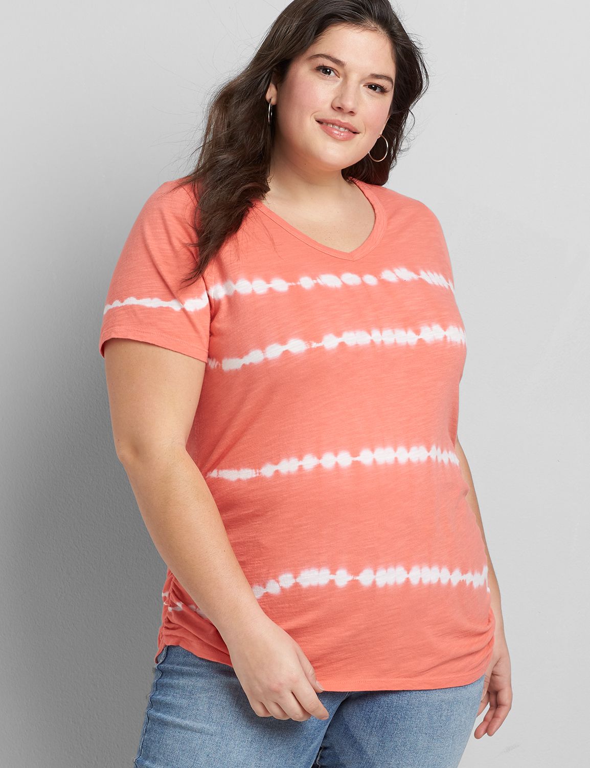 Short Sleeve V neck Side Ruched Tee 1118486 Copy of 1108460:LBSP21297_TieDyeStripe_VendorPrint:34/36 Product Image 1