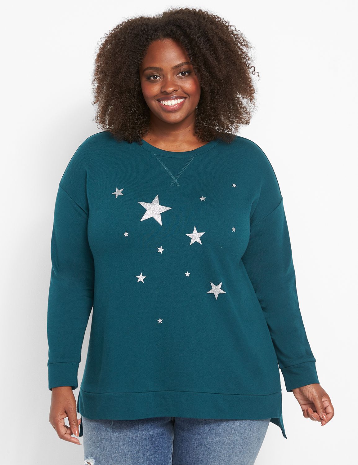 Long Sleeve Crew Neck Hi Lo Step Hem Sweatshirt Graphic: Scattered Stars 1124698:PANTONE Deep Teal:10/12 Product Image 1