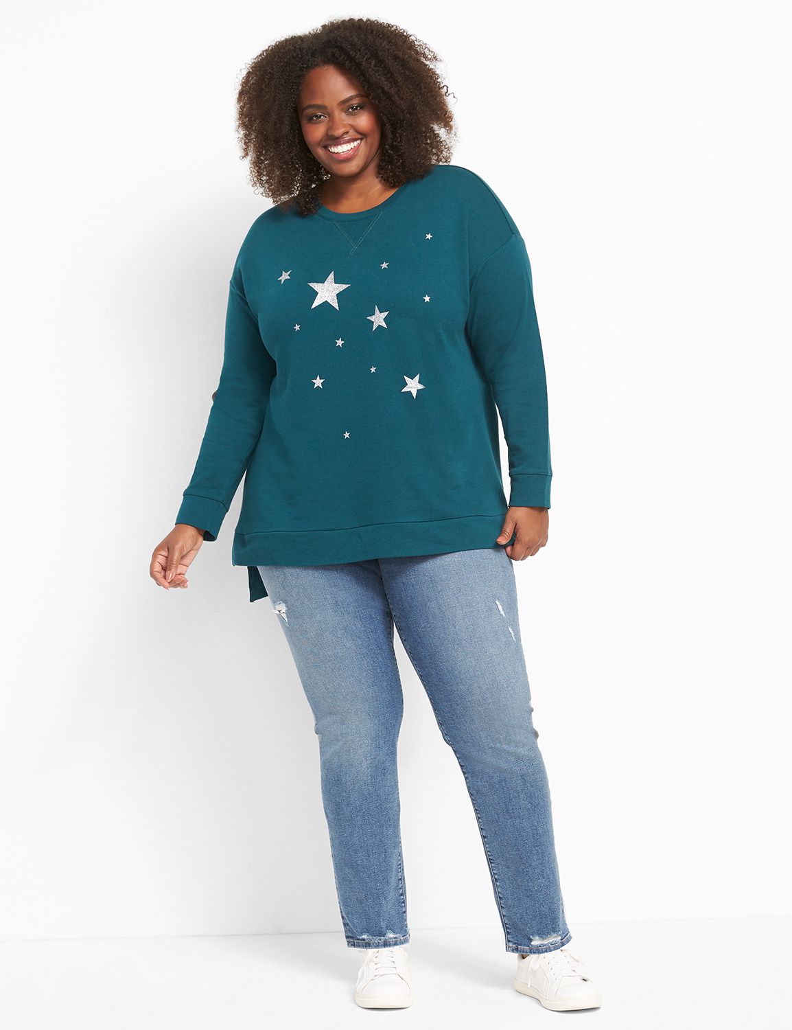 Long Sleeve Crew Neck Hi Lo Step Hem Sweatshirt Graphic: Scattered Stars 1124698:PANTONE Deep Teal:10/12 Product Image 3