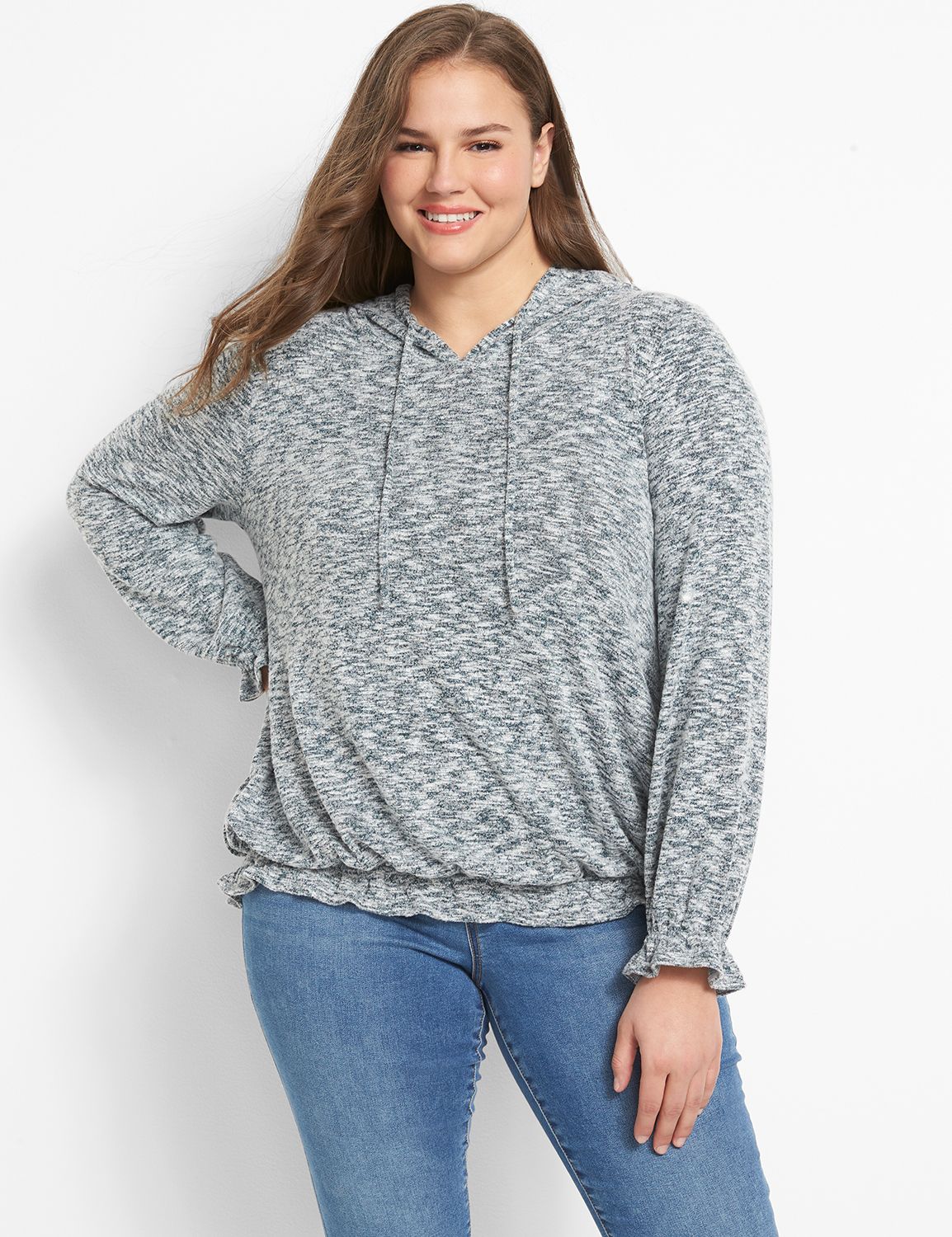 Long Sleeve Hooded Sweatshirt With Ruffle Hems 1124067:Blue and White Spacedye Marl:34/36 Product Image 1