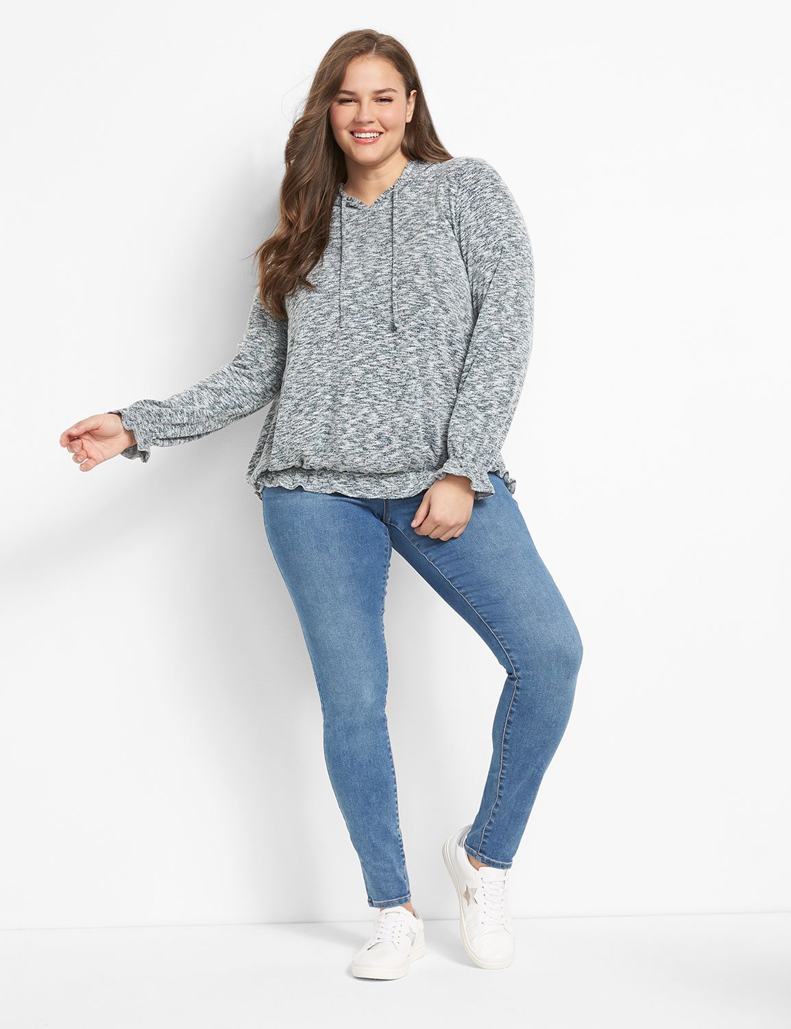 Long Sleeve Hooded Sweatshirt With Ruffle Hems 1124067:Blue and White Spacedye Marl:34/36 Product Image 3
