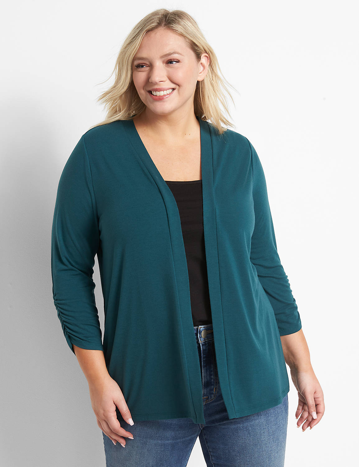 3/4 Sleeve Ruched Sleeve Open Front Lane Essential Over Piece 1123672:PANTONE Deep Teal:10/12 Product Image 1