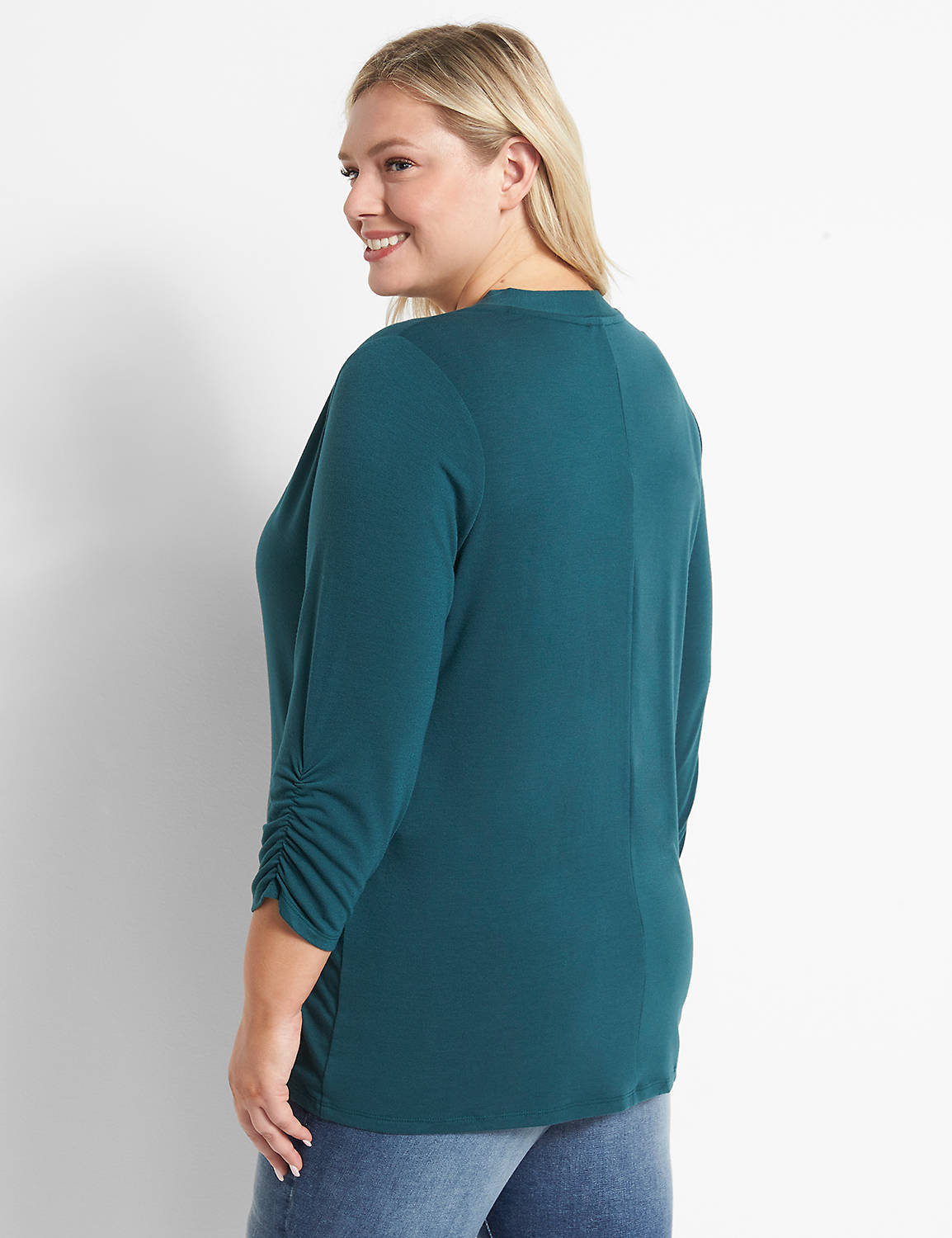 3/4 Sleeve Ruched Sleeve Open Front Lane Essential Over Piece 1123672:PANTONE Deep Teal:10/12 Product Image 2