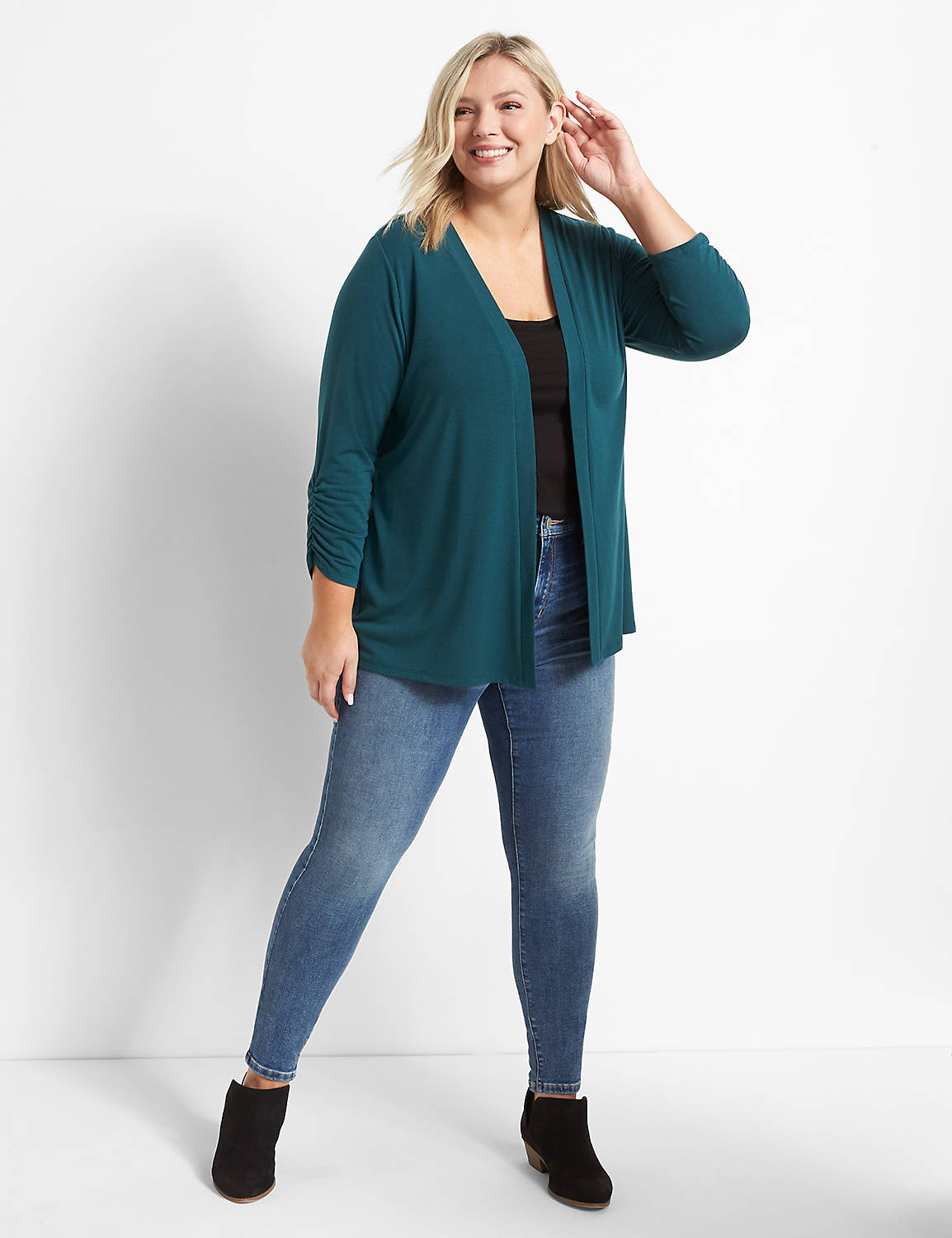 3/4 Sleeve Ruched Sleeve Open Front Lane Essential Over Piece 1123672:PANTONE Deep Teal:10/12 Product Image 3