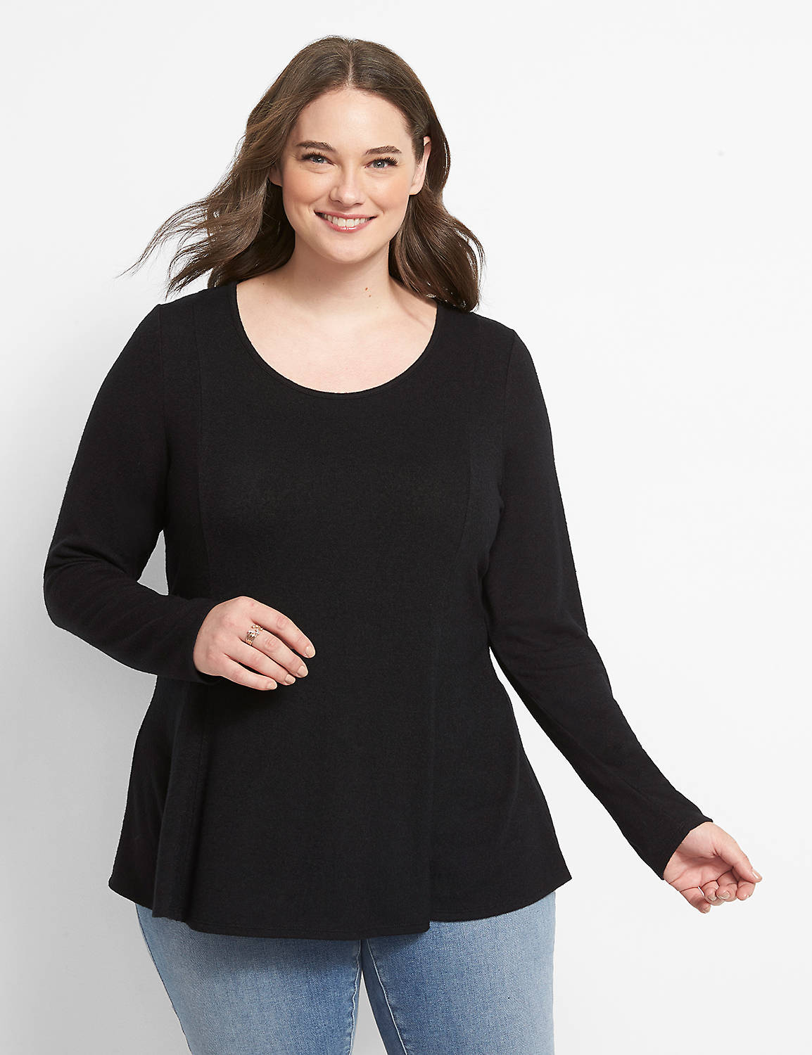 Long Sleeve Scoop Neck Fit and Flare Hacci Top Solid 1123730:Ascena Black:30/32 Product Image 1