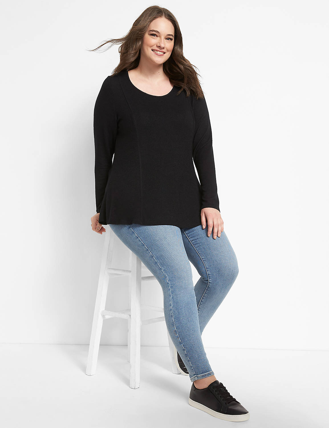 Long Sleeve Scoop Neck Fit and Flare Hacci Top Solid 1123730:Ascena Black:30/32 Product Image 3