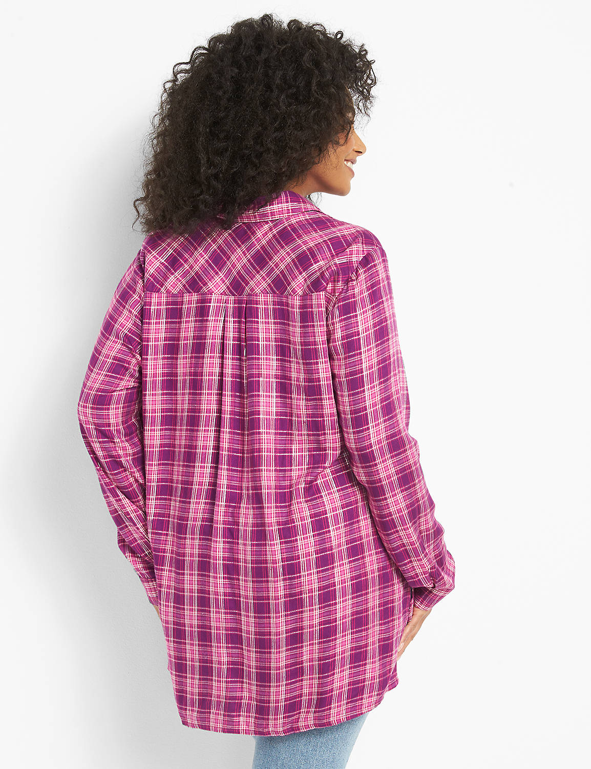 No-Peek Button-Front Plaid Boyfriend Shirt - Shine Product Image 2