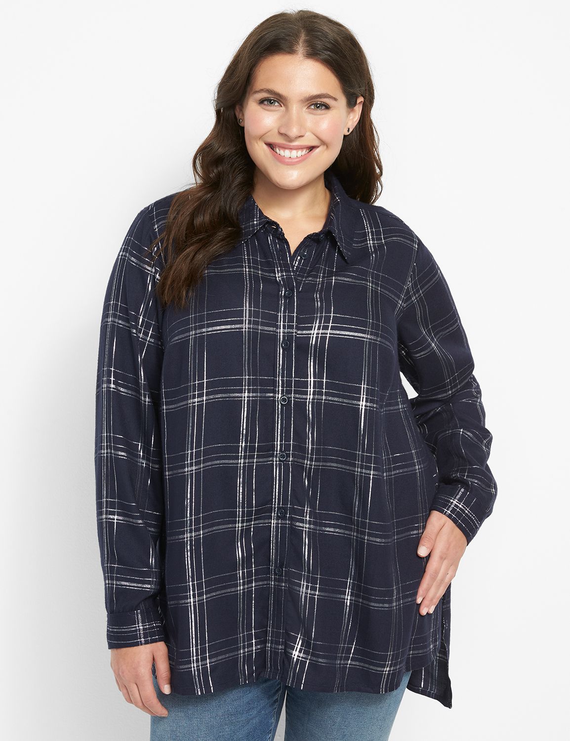 No-Peek Button-Front Plaid Boyfriend Shirt - Shine Product Image 1
